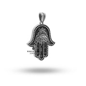 Hamsa Hand of Fatima Pendant in oxidized silver, detailed craftsmanship