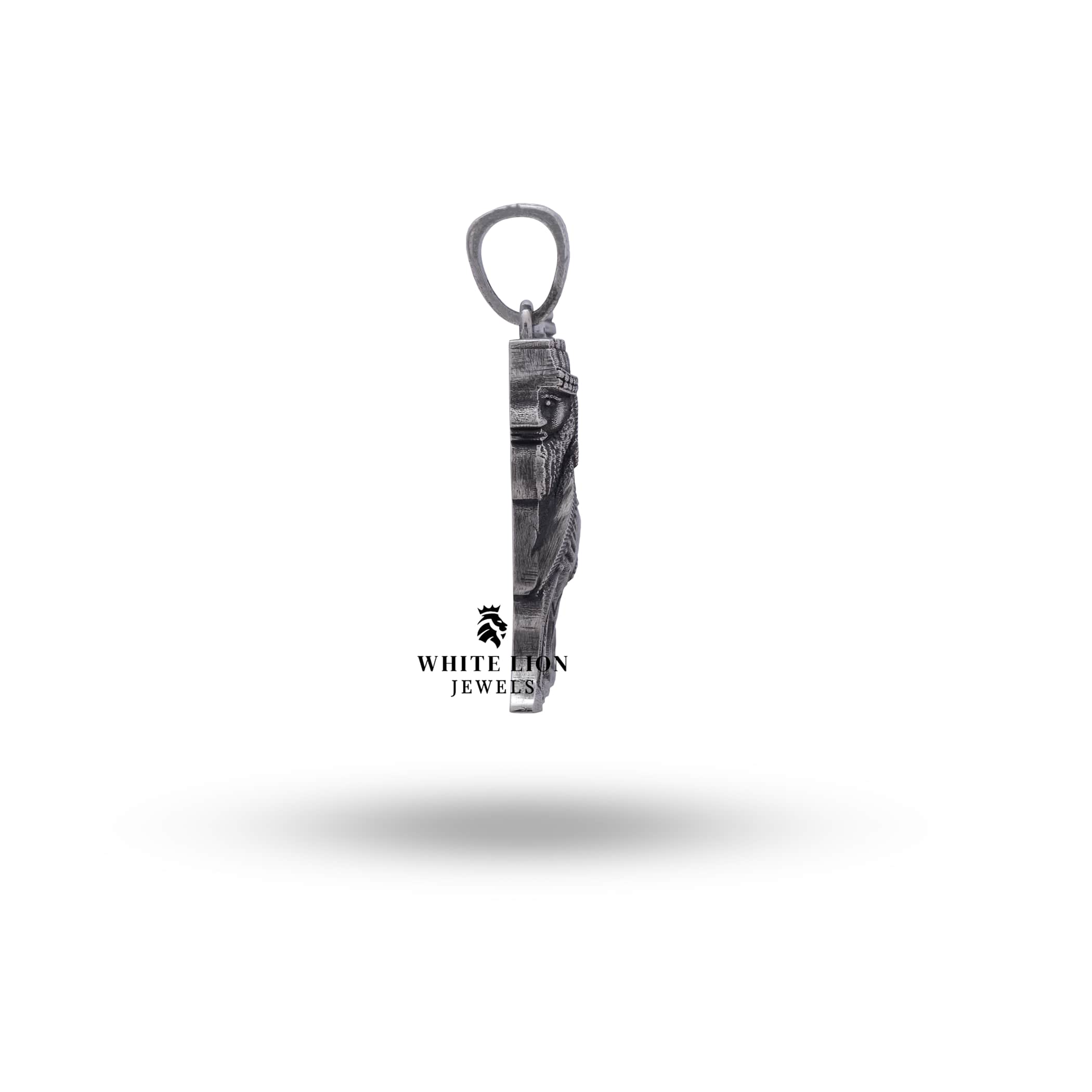 Back of Assyrian Lamassu Winged Bull pendant in Sterling Silver, emphasizing handcrafted quality.