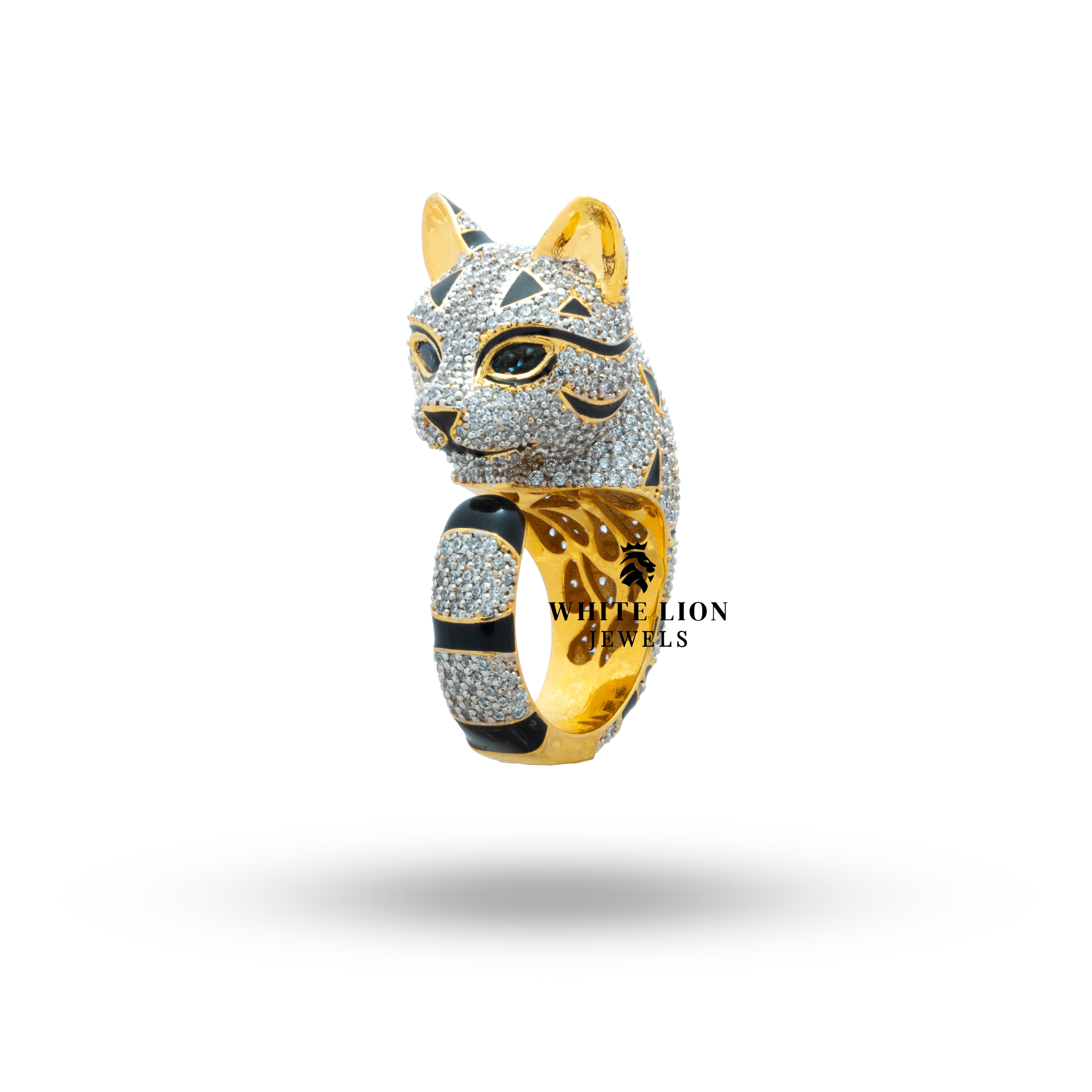 Back view of Cat Cubic Zirconia Iced Out Ring showing the smooth Sterling Silver with Gold Plating.