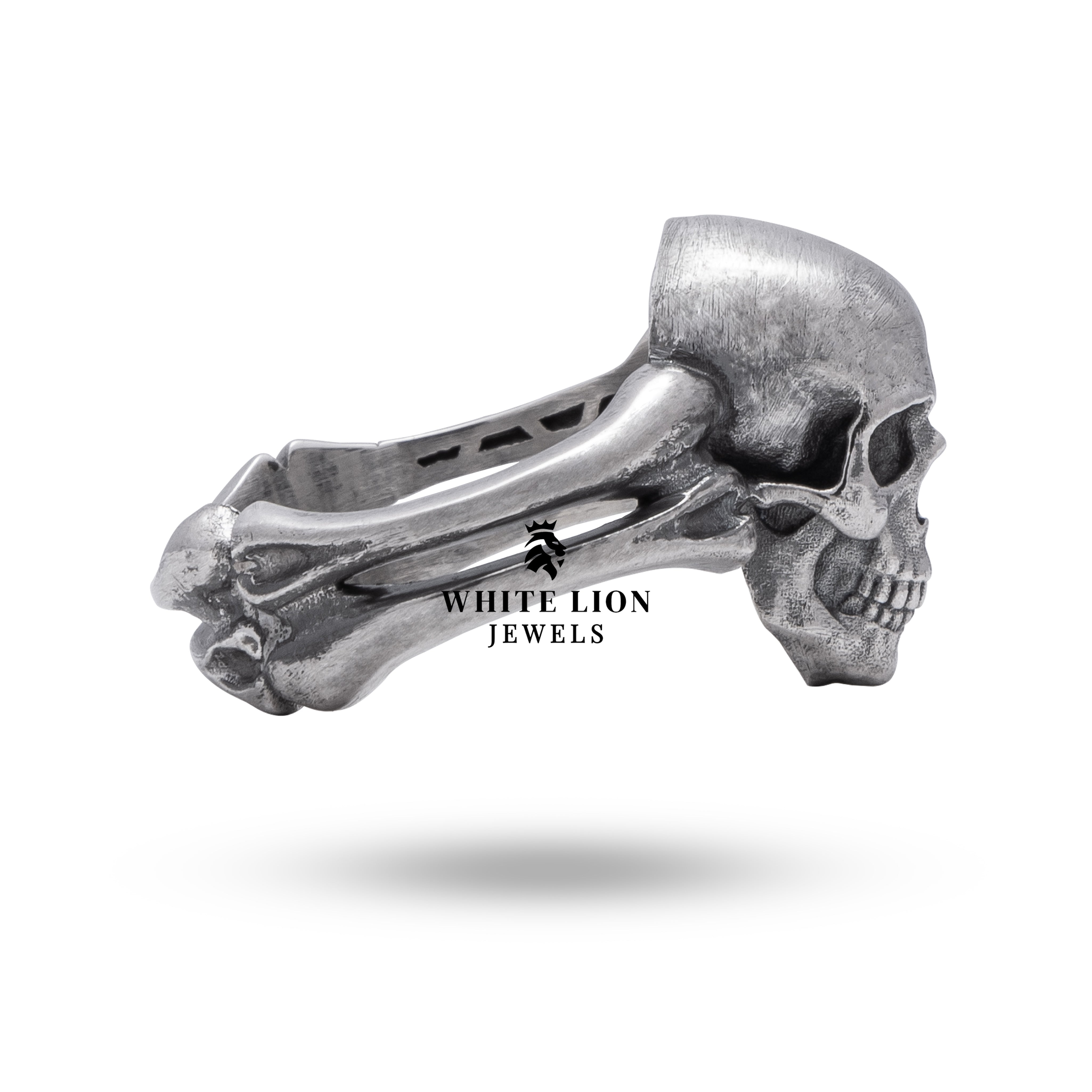 Detail view showcasing artisan craftsmanship in Bone Skull ring