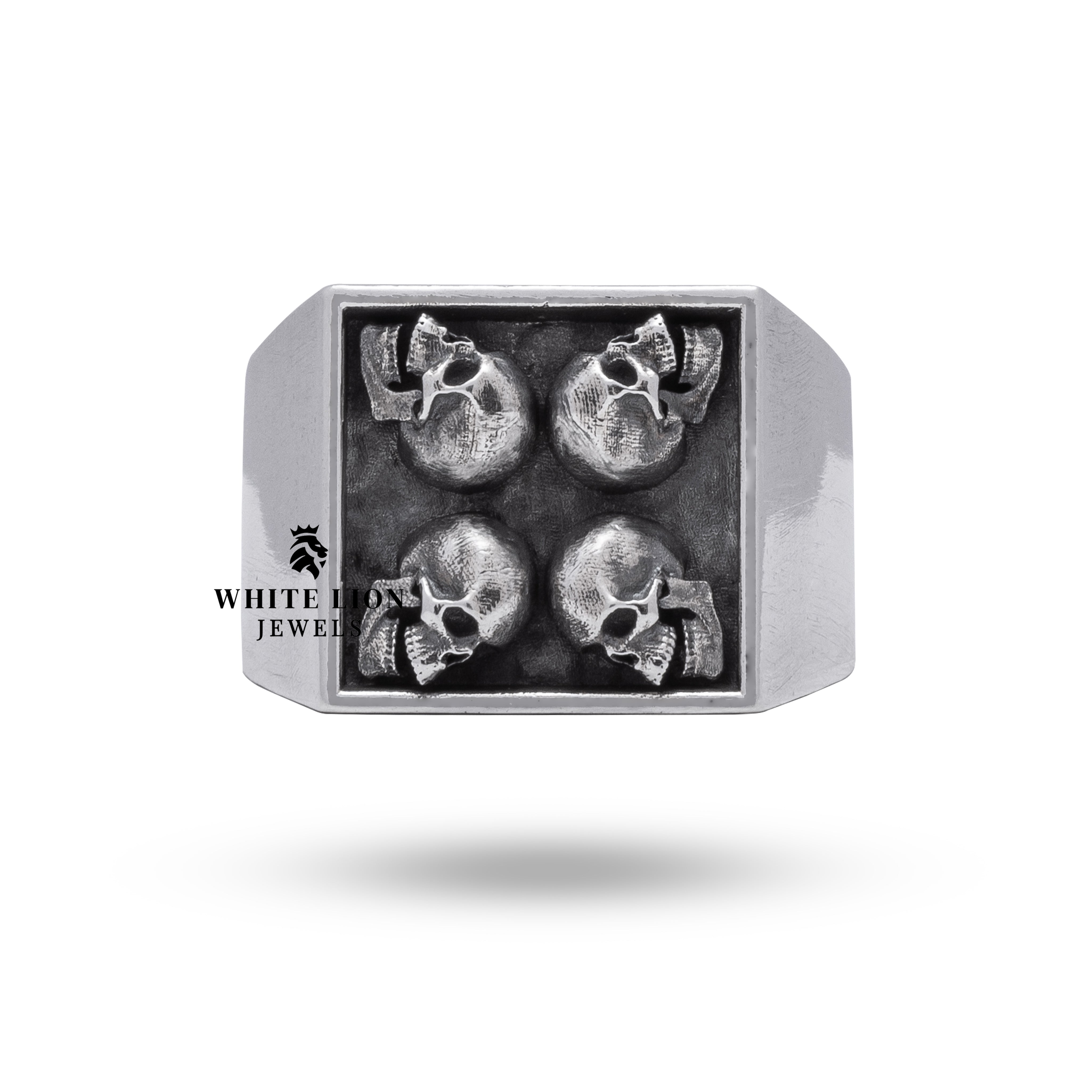 Gothic skull square design ring made from nickel-free sterling silver with a bold oxidized finish from White Lion Jewels.