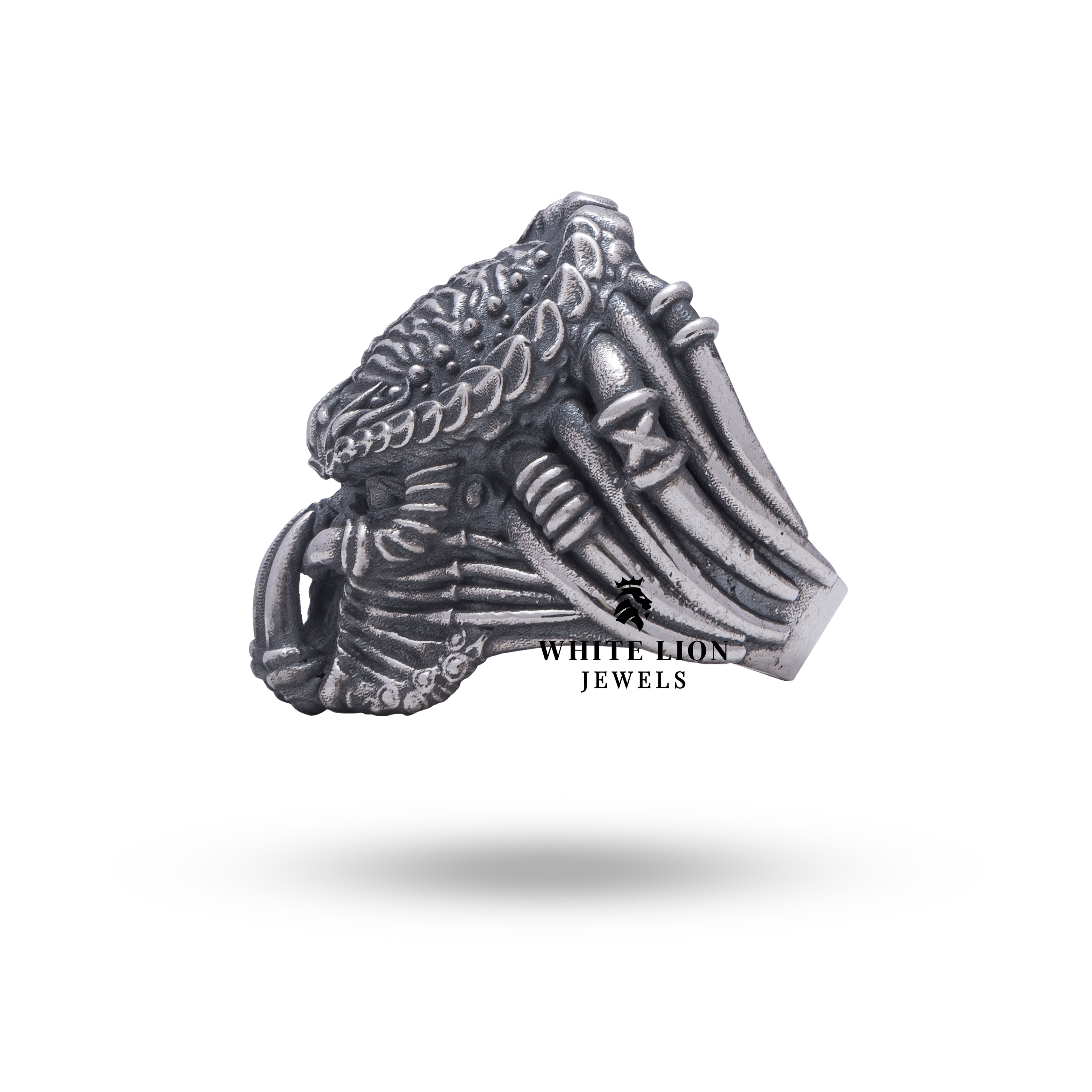 Vampire Predator Vulture Bloodsucker 925 Sterling Silver Ring shown on hand for scale and fit.