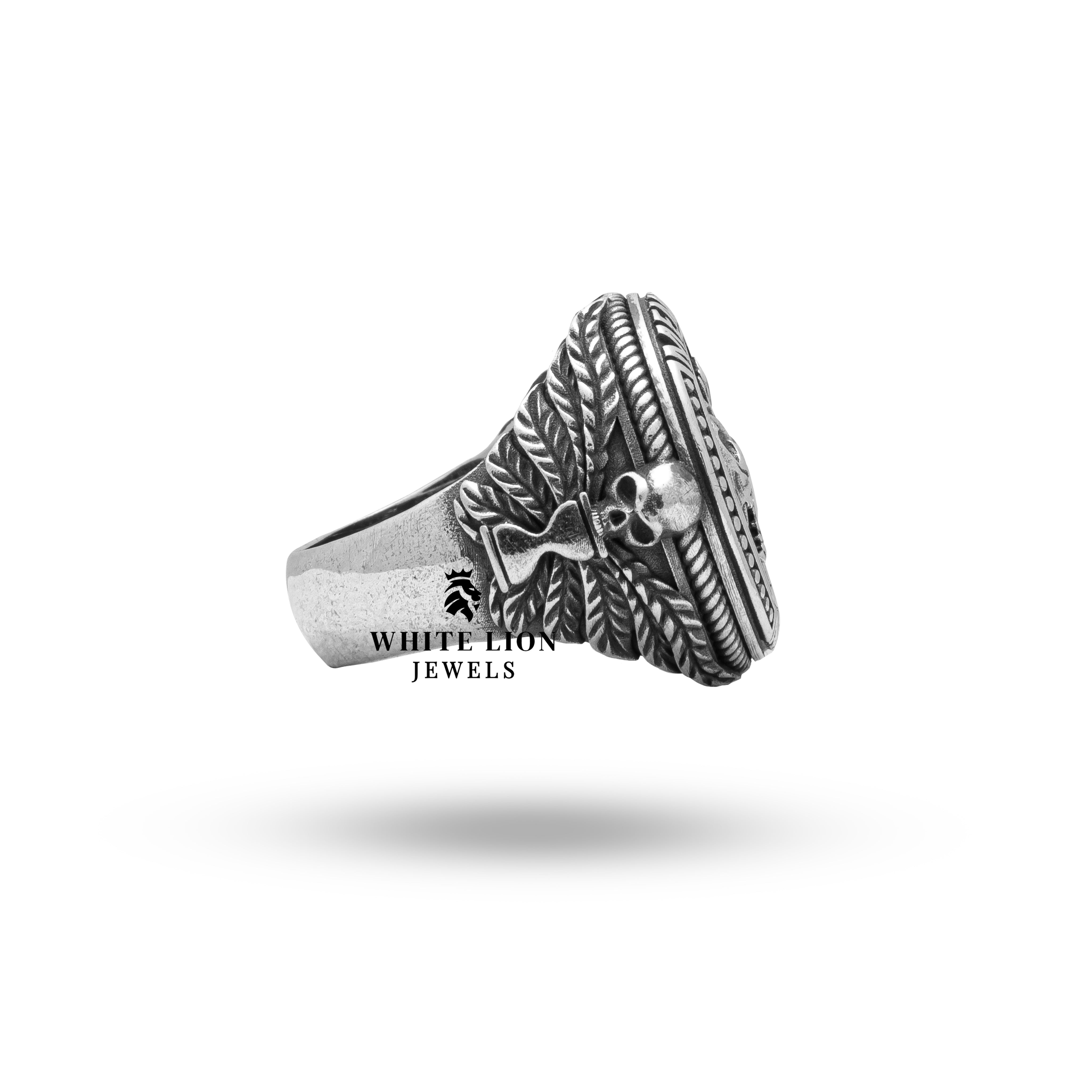 Side view demonstrating the artisanal detailing of the Zodiac and Skull design on the silver ring.