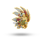 Sterling silver brooch for saree with multi-color cubic zirconia floral design.