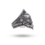 Detail shot of the Compass Skull 925 Sterling Silver Ring focusing on handcrafted details and oxidized finish.