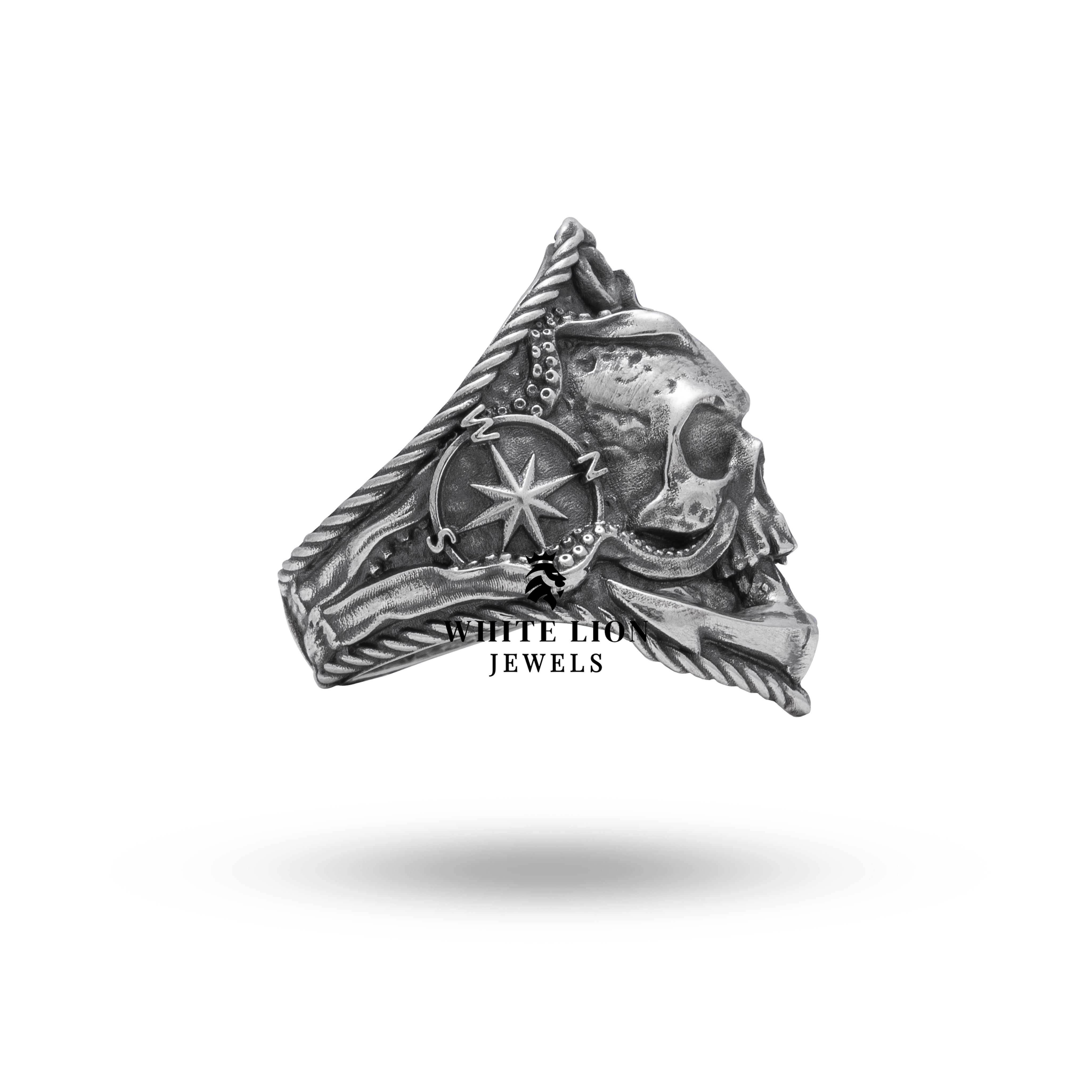 Detail shot of the Compass Skull 925 Sterling Silver Ring focusing on handcrafted details and oxidized finish.