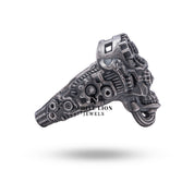 Elegant and bold Gothic Skull Ring in Sterling Silver with mechanical wheel decor