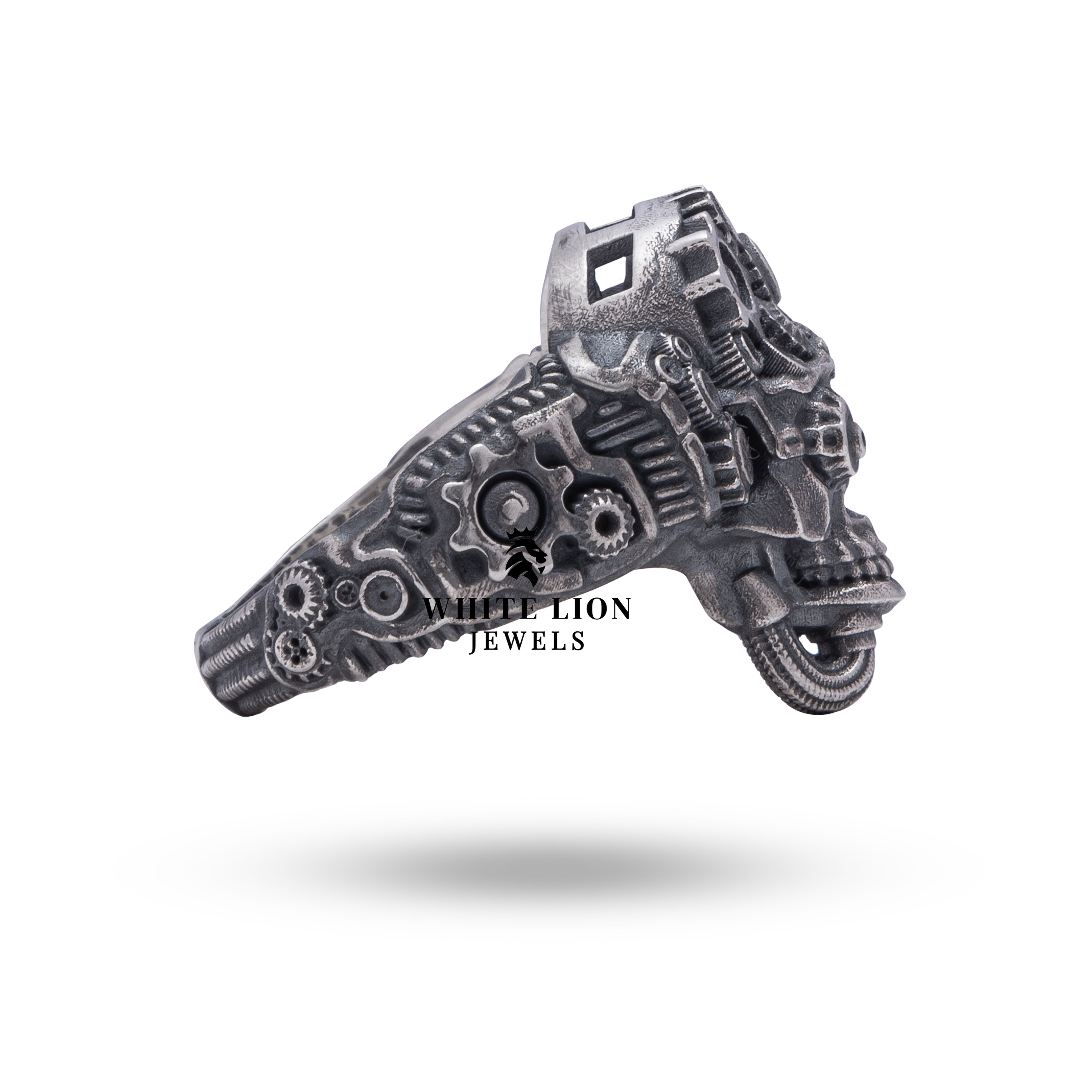 Elegant and bold Gothic Skull Ring in Sterling Silver with mechanical wheel decor