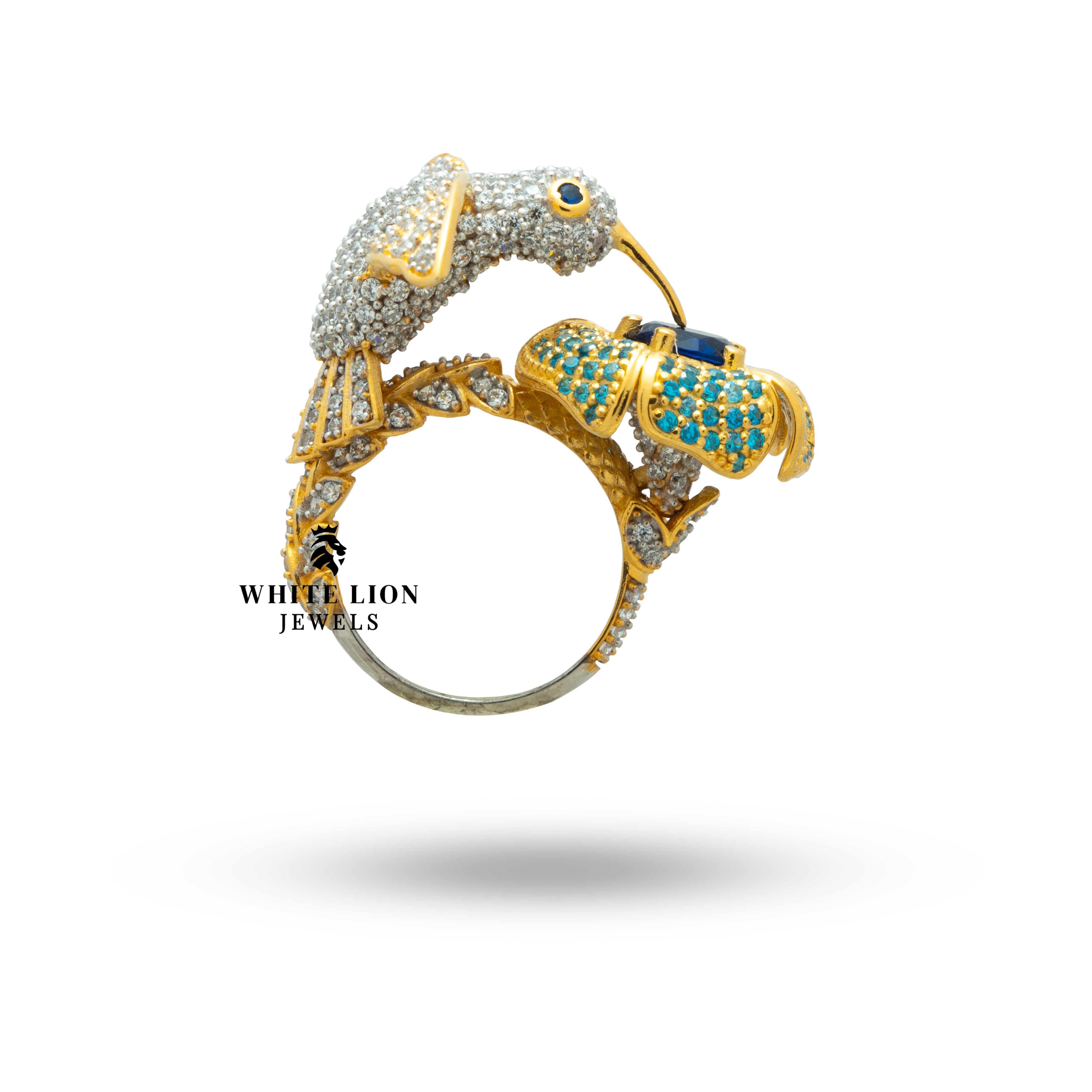 Close-up view of the Elegant Humming Bird 925 Sterling Silver Gold Plated Ring, detailing the beautiful craftsmanship.