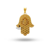 Presentation image for White Lion Jewels' Hamsa Hand of Fatima Evil Eye Gold Plated Pendant in gift setting.