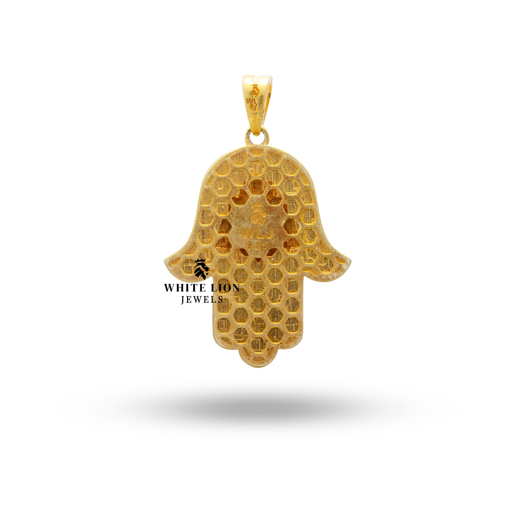 Presentation image for White Lion Jewels' Hamsa Hand of Fatima Evil Eye Gold Plated Pendant in gift setting.