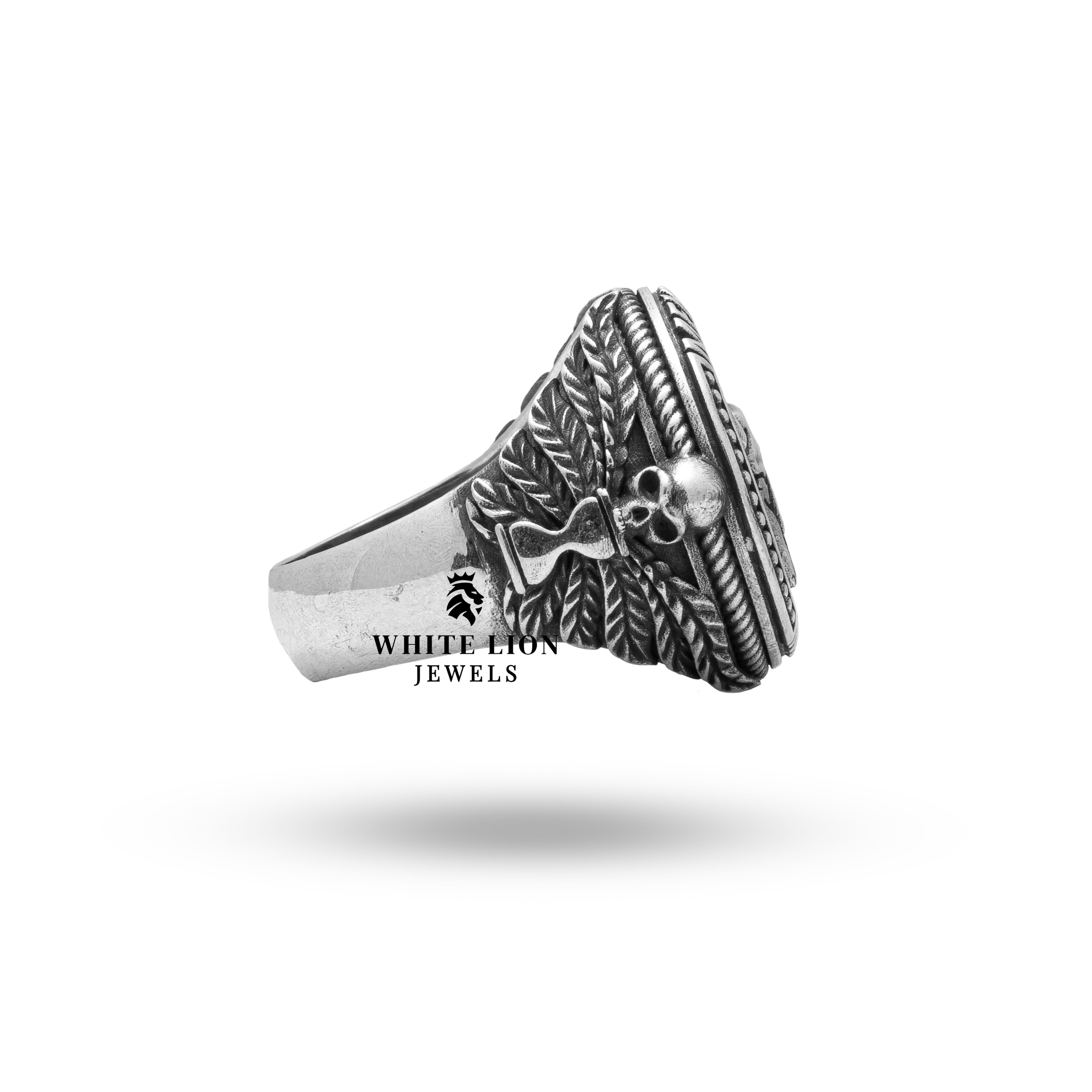 Top angle of Memento Mori Skull Zodiac Taurus Bull Ring with oxidized silver finish.