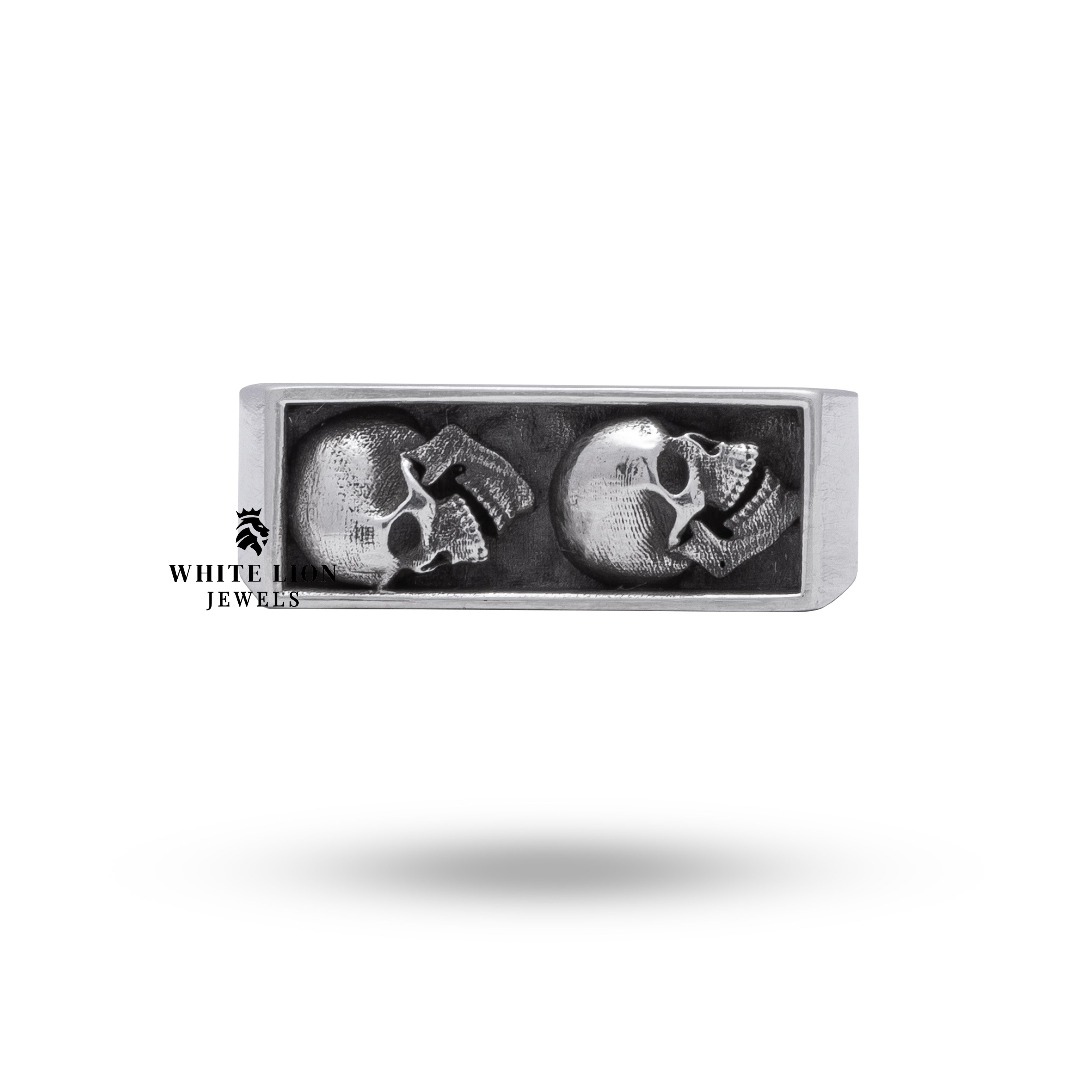 Side angle of Buried Open Jaw Gothic Skulls 925 Sterling Silver Ring featuring detailed craftsmanship and oxidized finish.