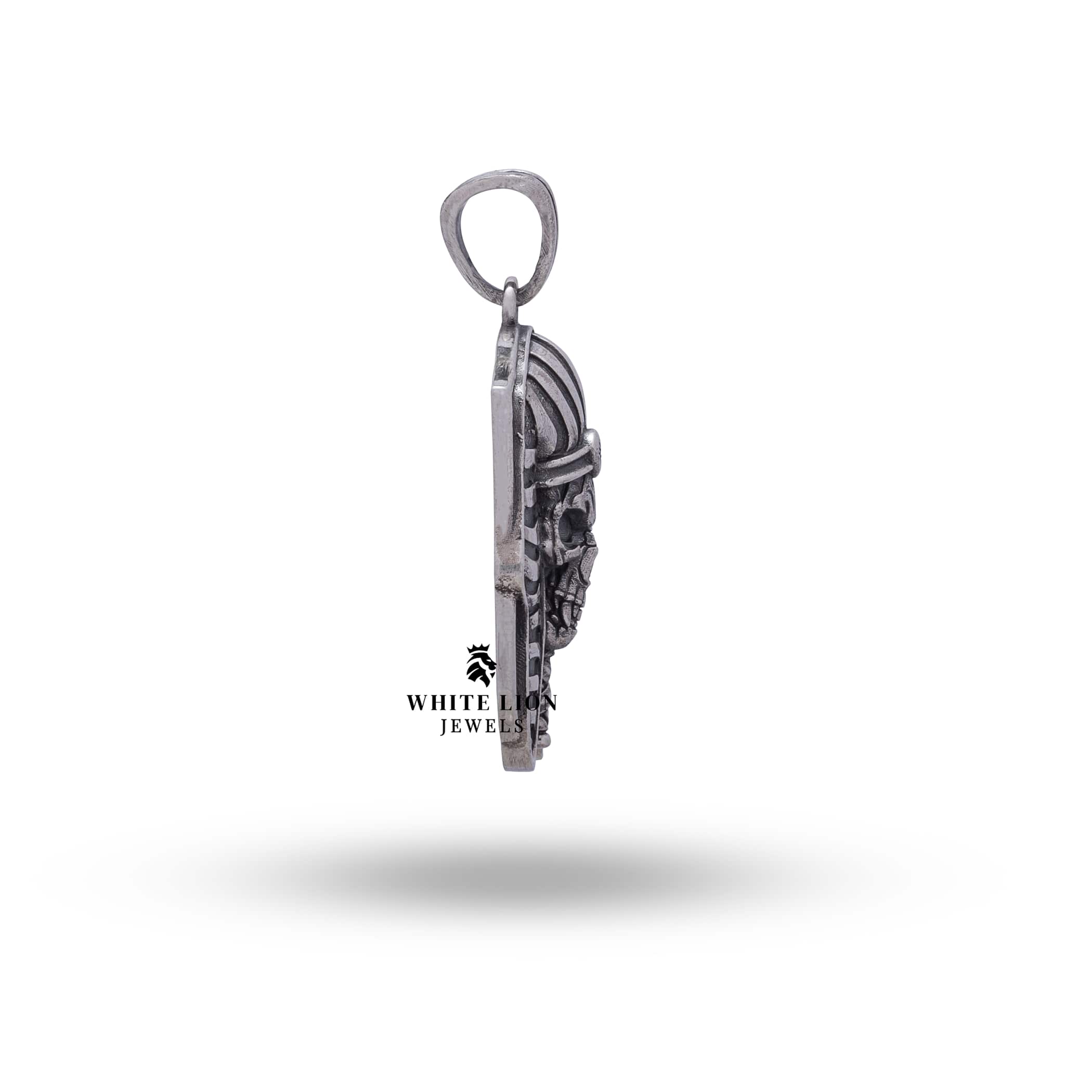 Side view displaying the detailed engraving on the Sterling Silver Pharaoh Egyptian Mummy Pendant