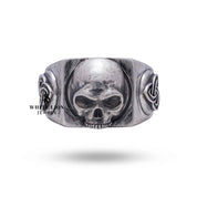 Top view of Celtic Knot Gothic Skull 925 Sterling Silver ring revealing detailed knot patterns and skull motif on oxidized silver.