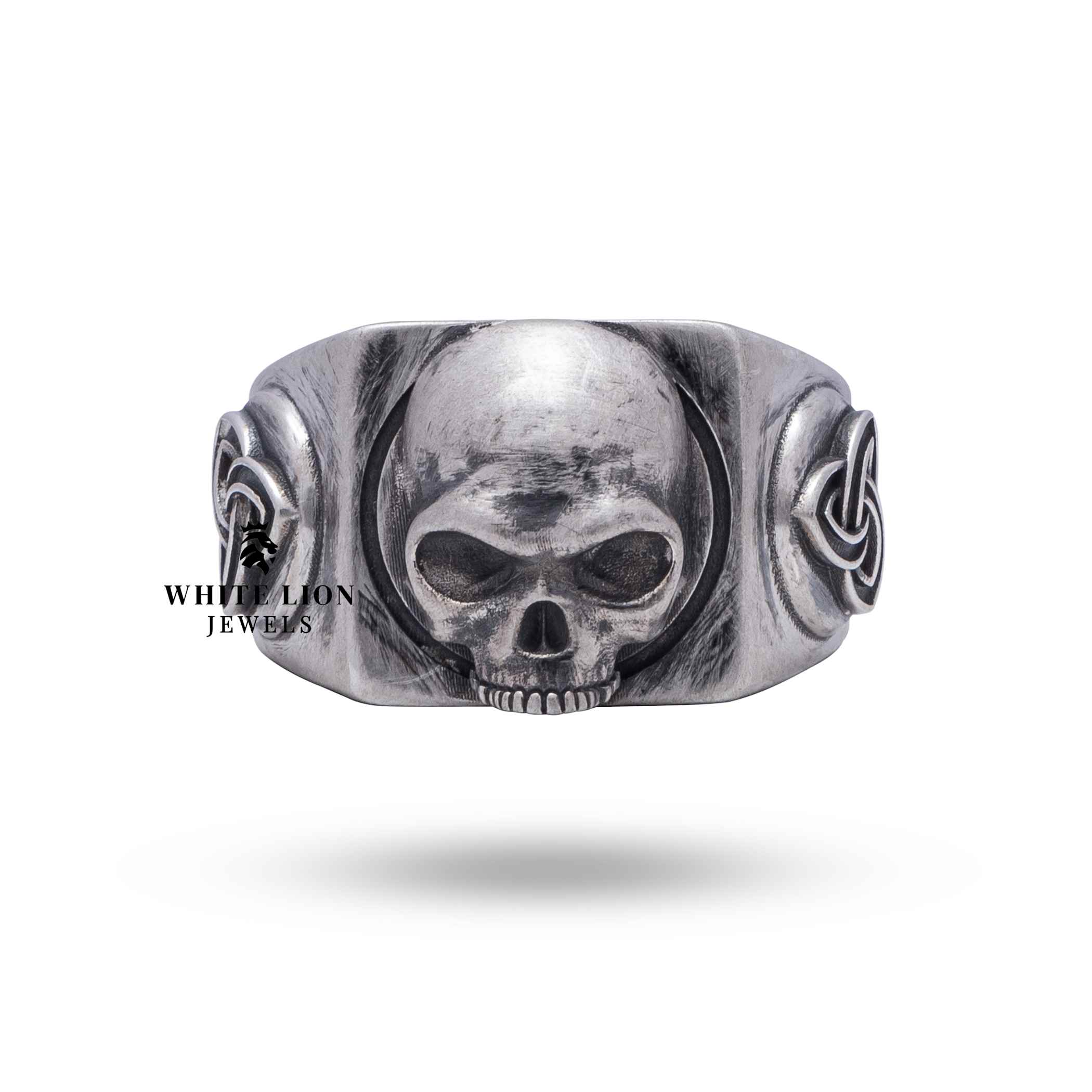 Top view of Celtic Knot Gothic Skull 925 Sterling Silver ring revealing detailed knot patterns and skull motif on oxidized silver.