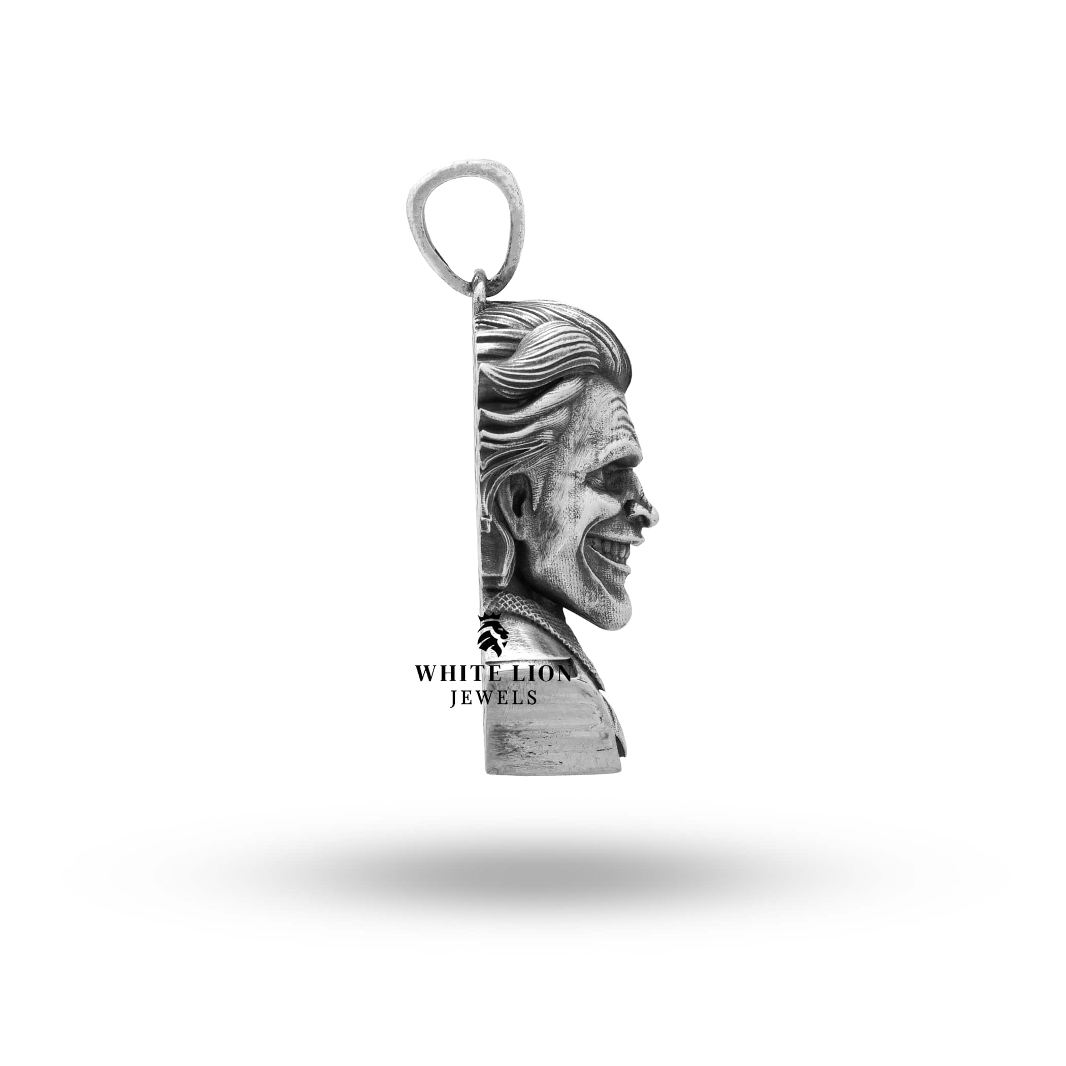Joker Humorist Comedian Clown Sterling Silver Pendant displayed on a silver chain