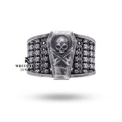 Top view of Coffin Dead Box Skulls Ring showcasing detailed skull design