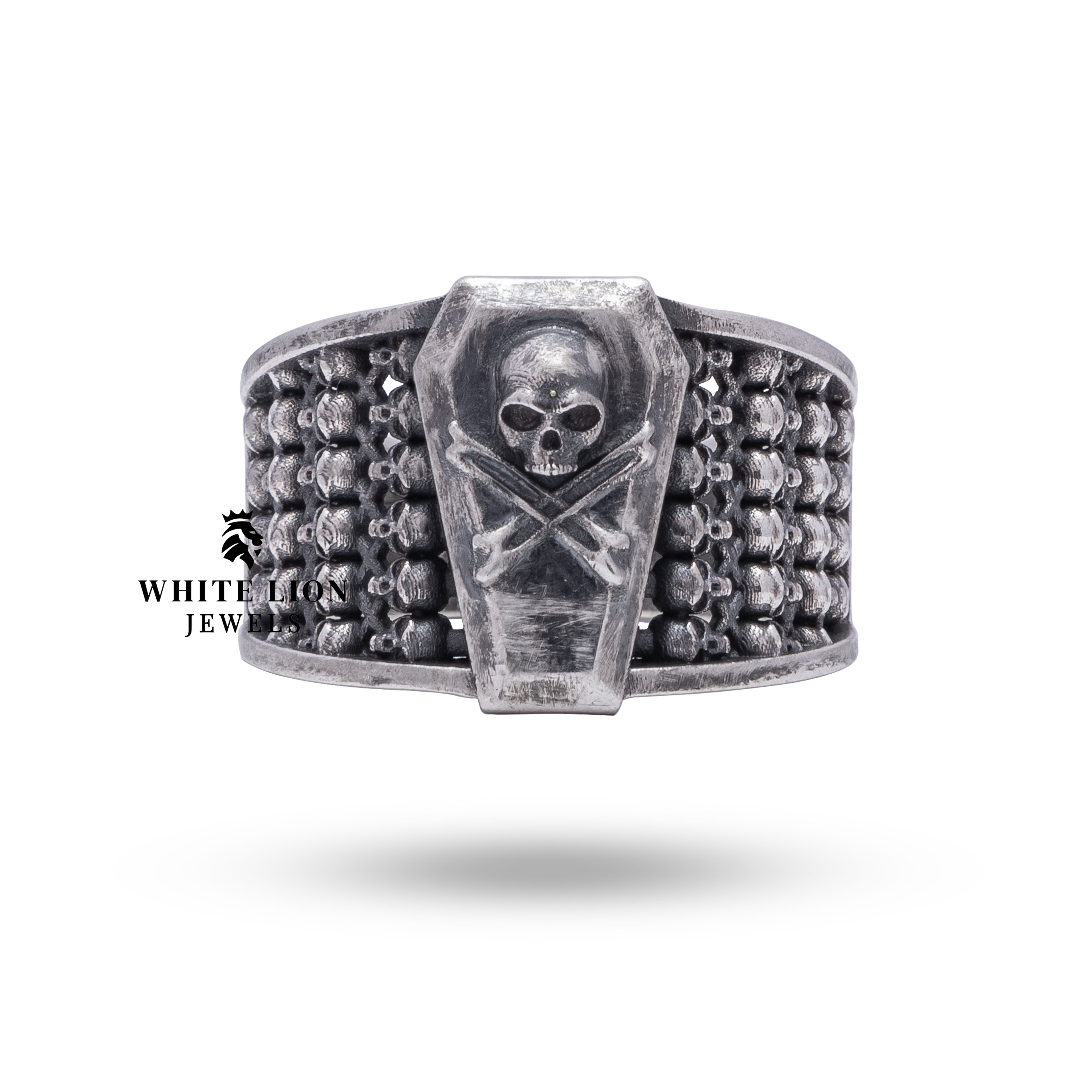 Top view of Coffin Dead Box Skulls Ring showcasing detailed skull design