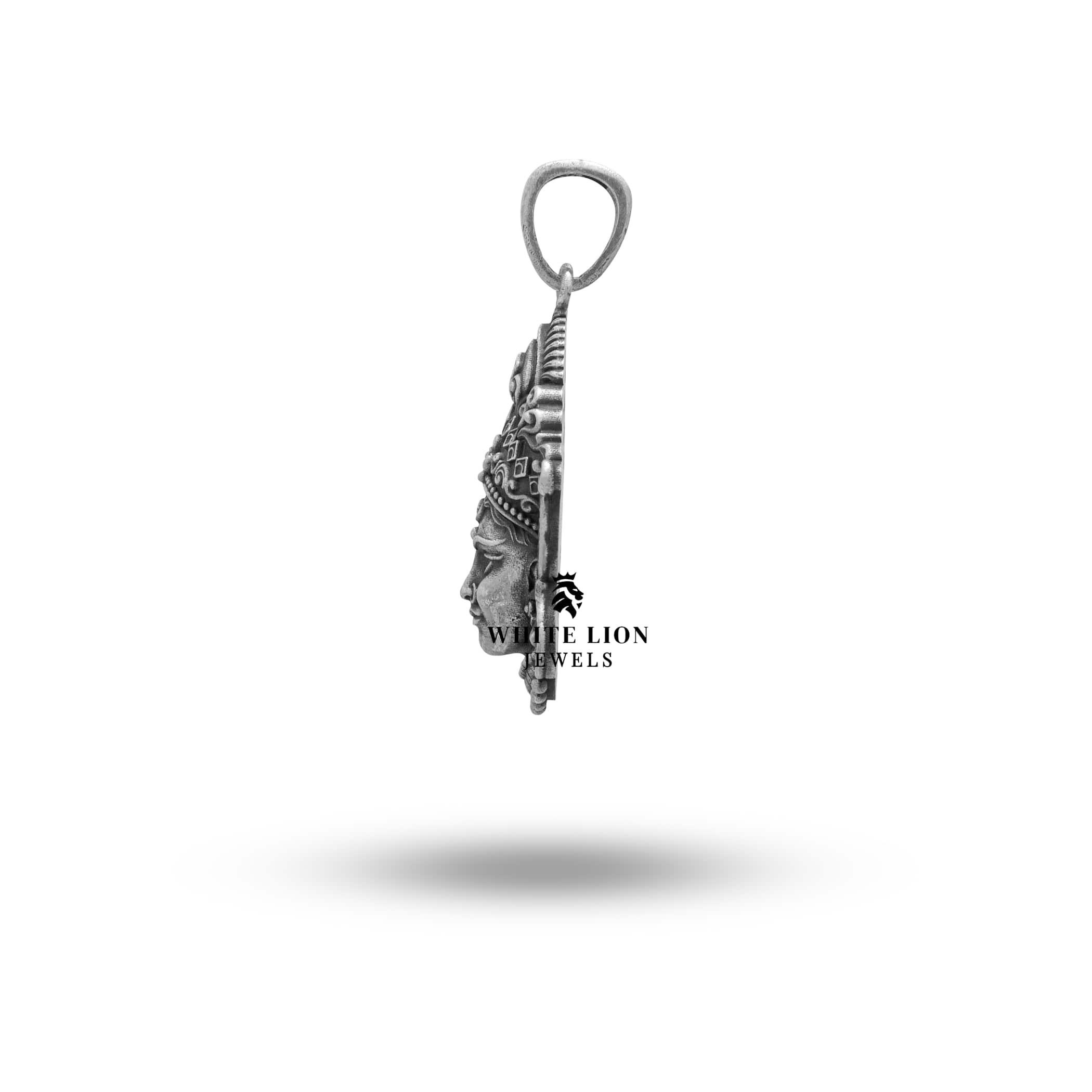 Complete display of Goddess Durga Mahadevi 925 Silver Pendant in oxidized finish.