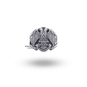 Side view of Sterling Silver Masonic Ring with oxidized eagle motifs, crafted from 925 silver, 2.0 cm diameter.