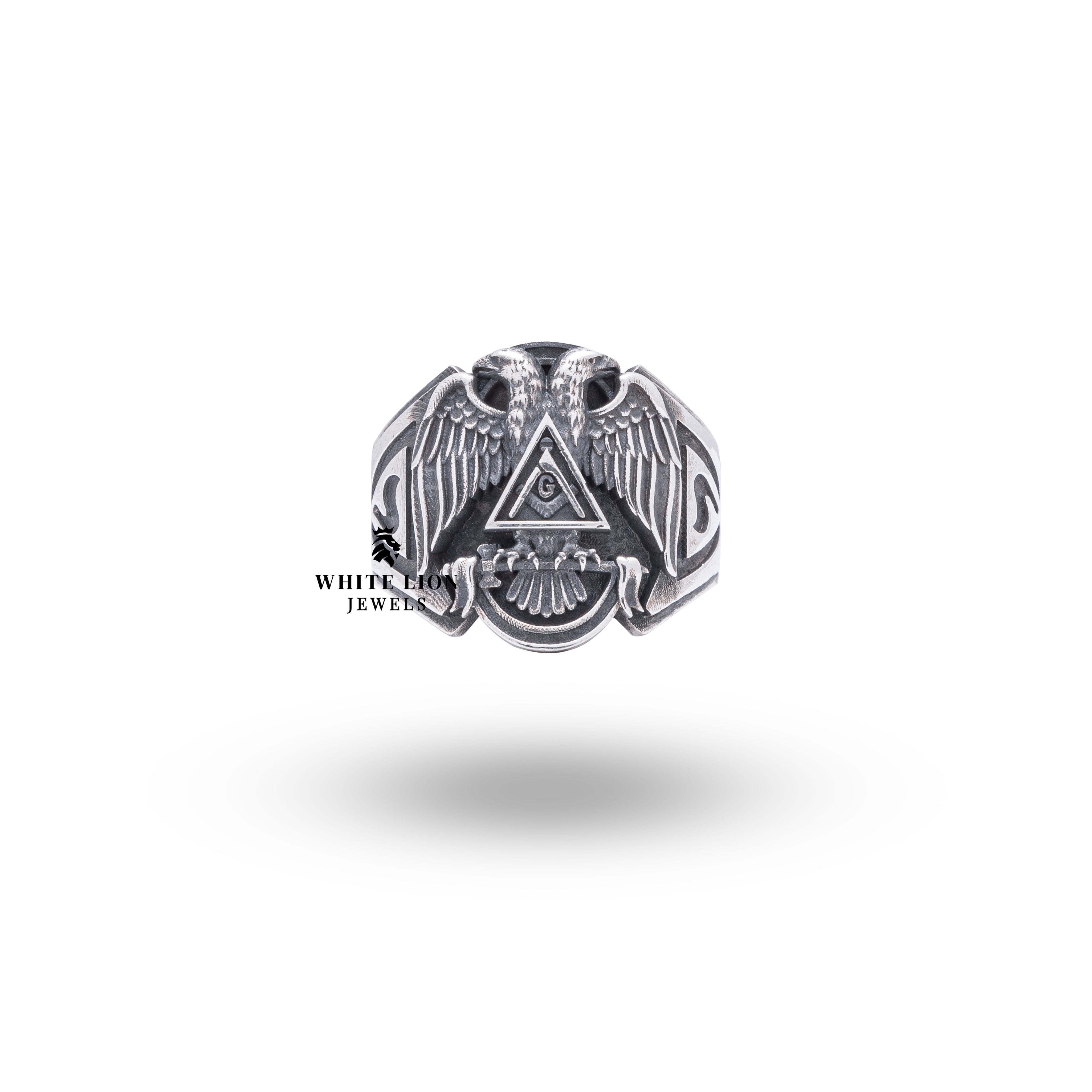 Side view of Sterling Silver Masonic Ring with oxidized eagle motifs, crafted from 925 silver, 2.0 cm diameter.