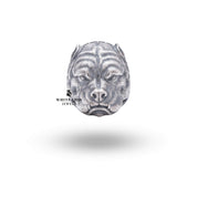 Front view of intricately detailed American Pit Bull design on sterling silver ring