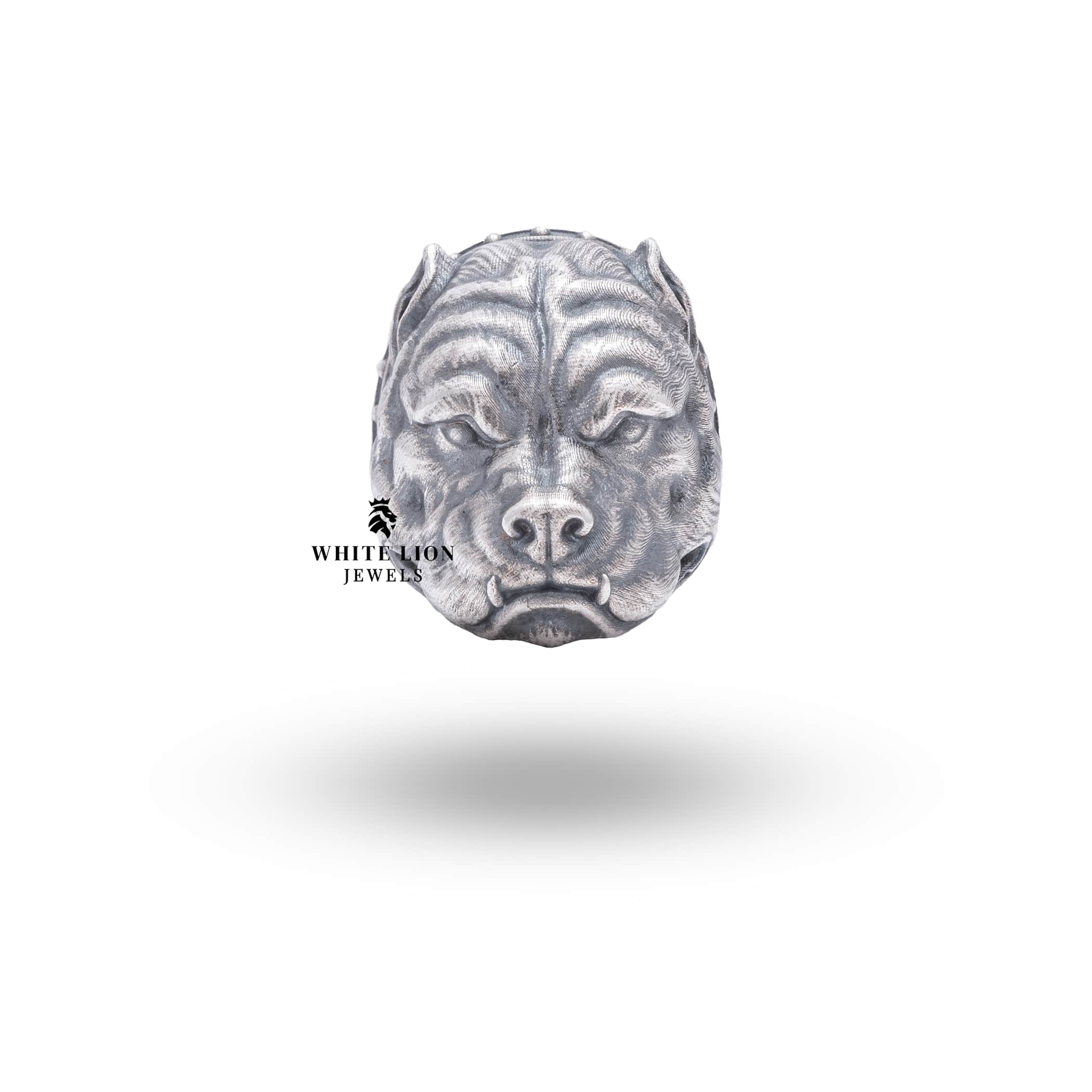 Front view of intricately detailed American Pit Bull design on sterling silver ring