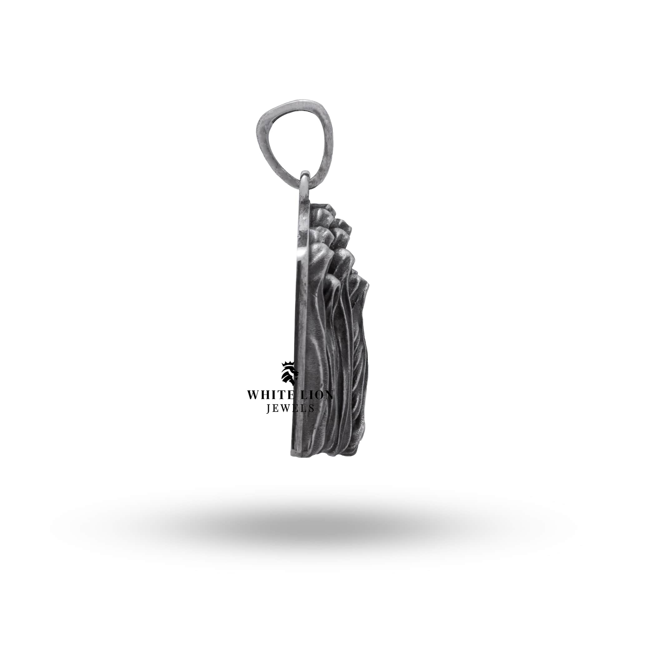 Profile view of the Holy Creepy Ghost Biker Pendant showcasing intricate silverwork.