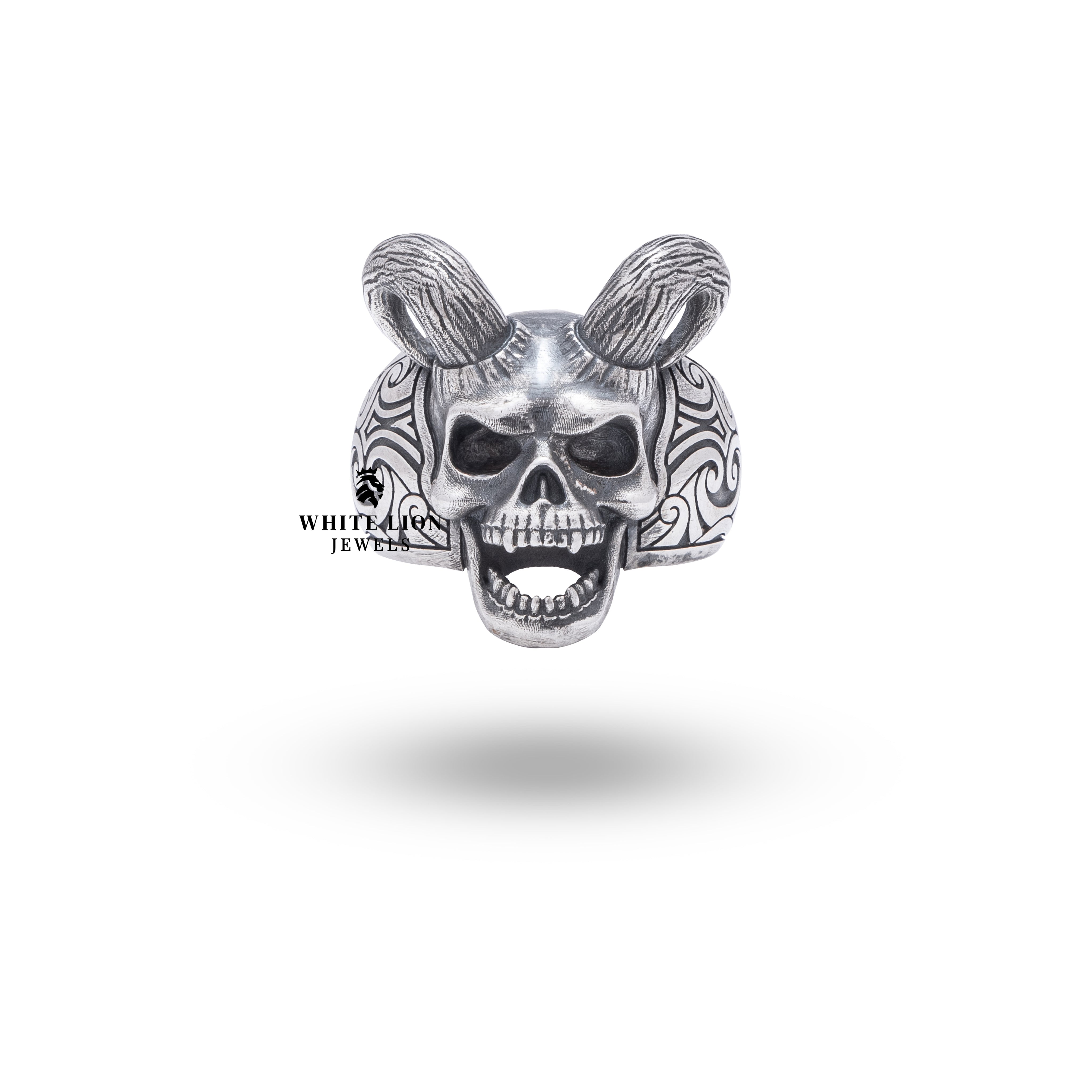 925 oxidized sterling silver ring with intricate skull motif, handcrafted by White Lion Jewels.