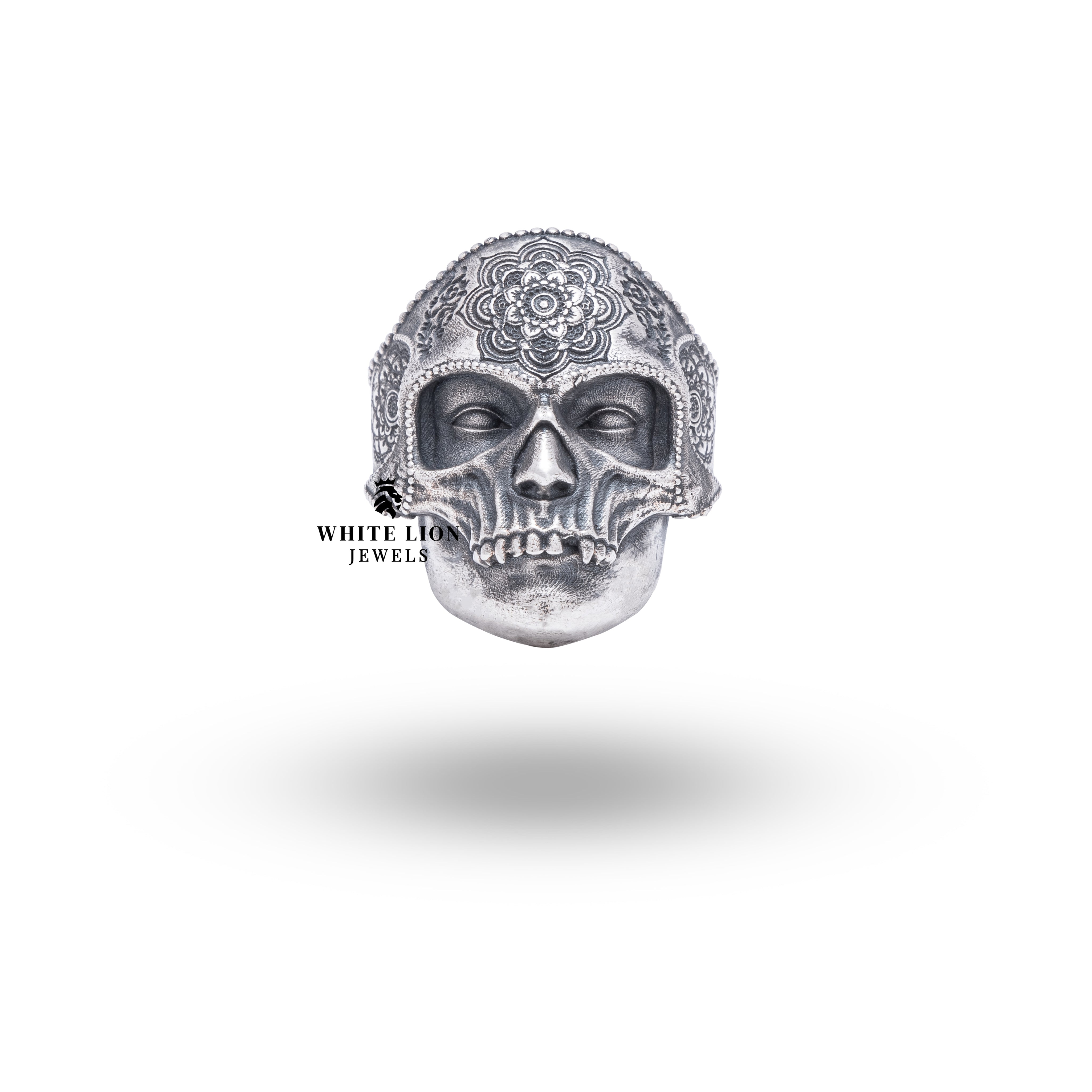Side view of Retro Mandala Gothic Flower Skull Ring with intricate flower and skull detailing