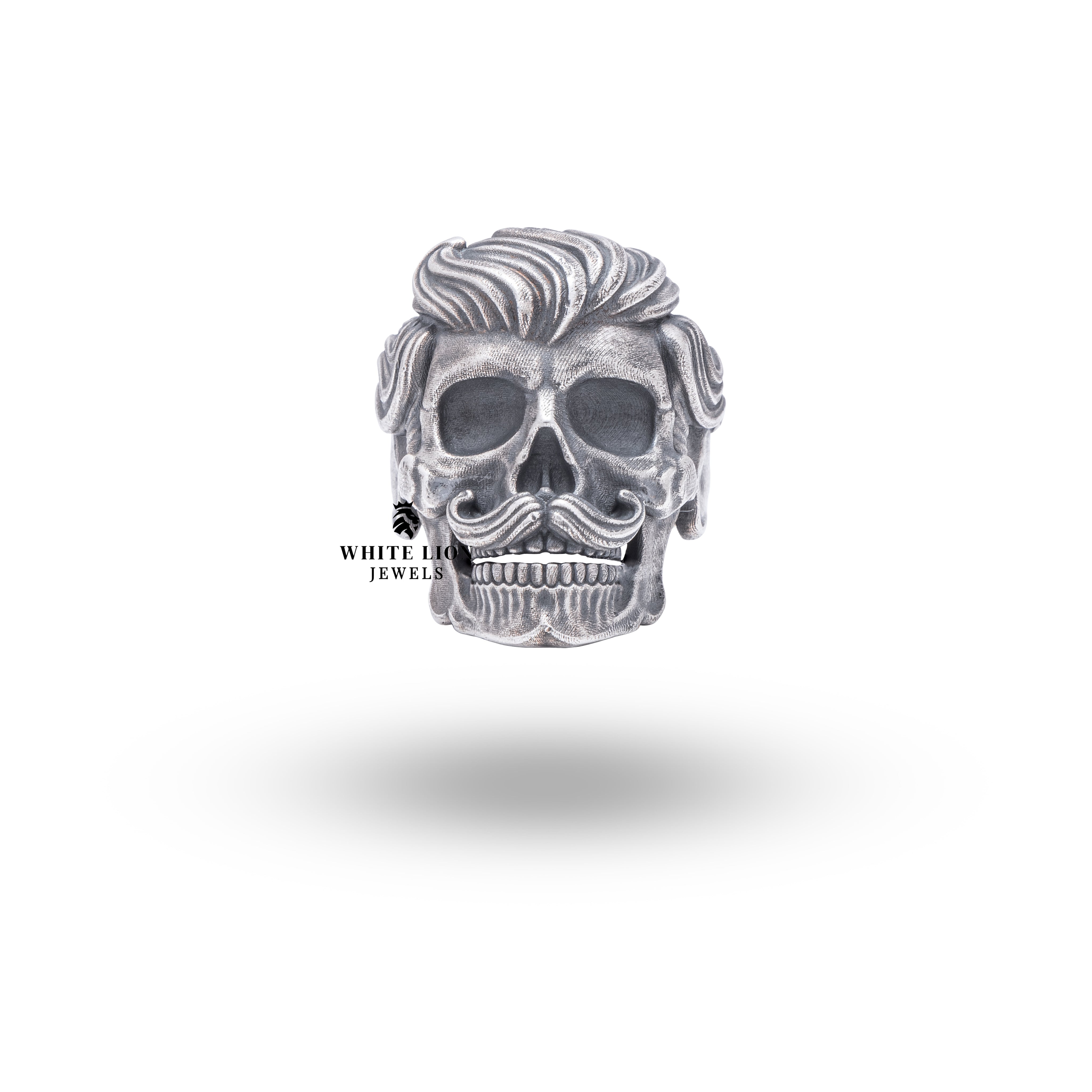 Close-up of Gothic Mustached Skull design in 925 Sterling Silver Ring by White Lion Jewels