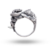 Detailed handcrafted snake and tiger jungle-themed ring in oxidized silver