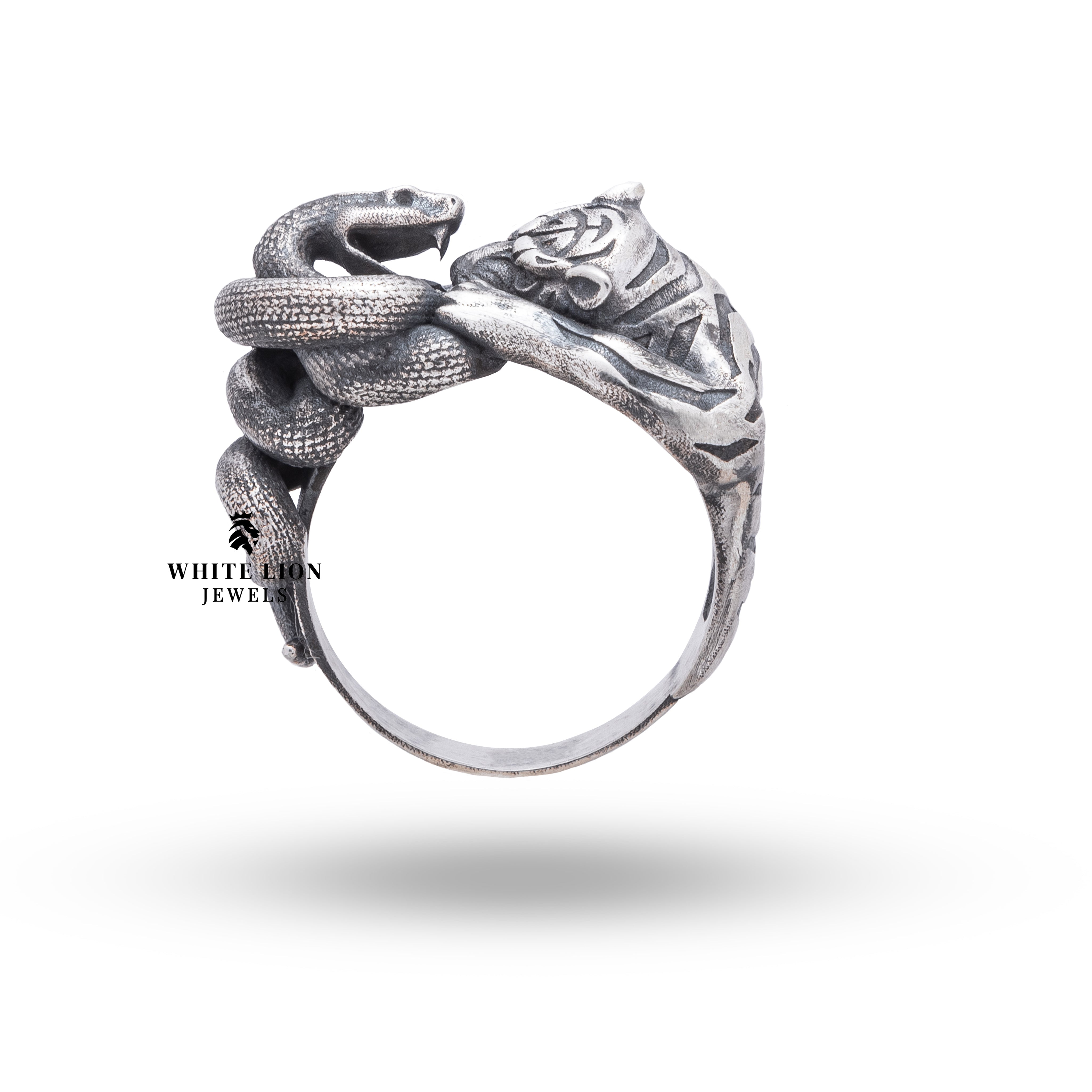 Detailed handcrafted snake and tiger jungle-themed ring in oxidized silver