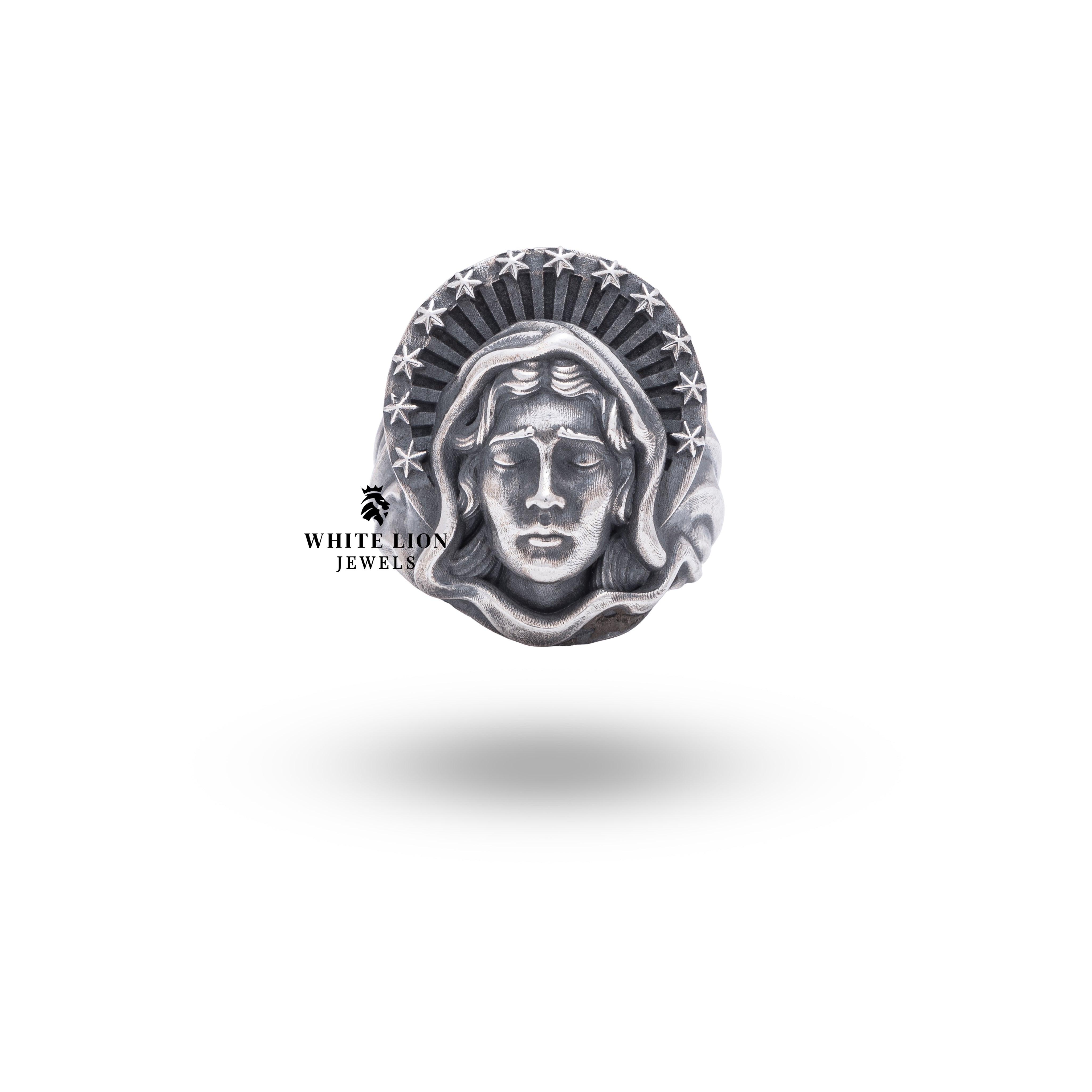 Side angle of Virgin Mother Mary 925 Sterling Silver Ring with oxidized finish.