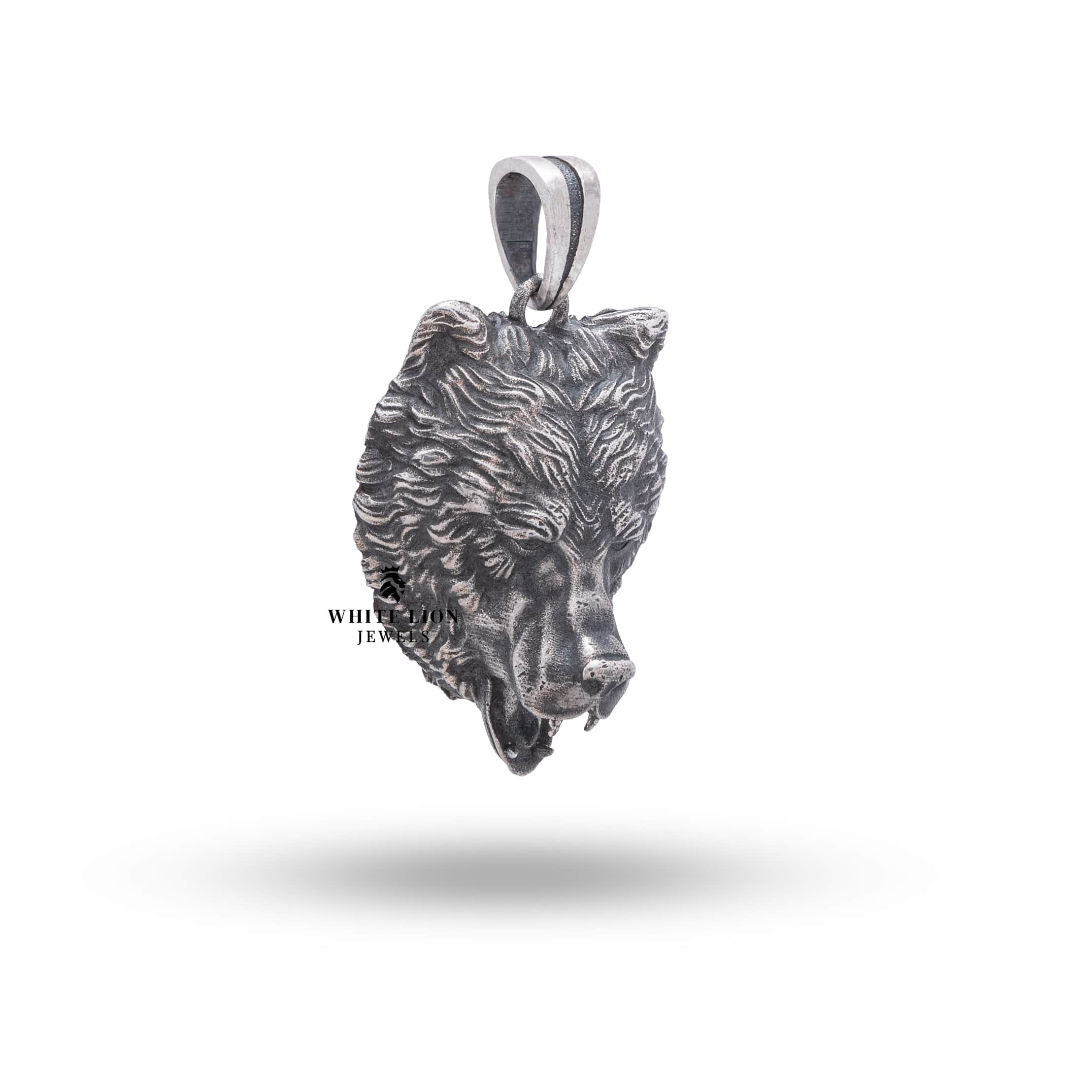 Side view showing the detailed design of the Wild Roaring Bear Pendant in Sterling Silver.