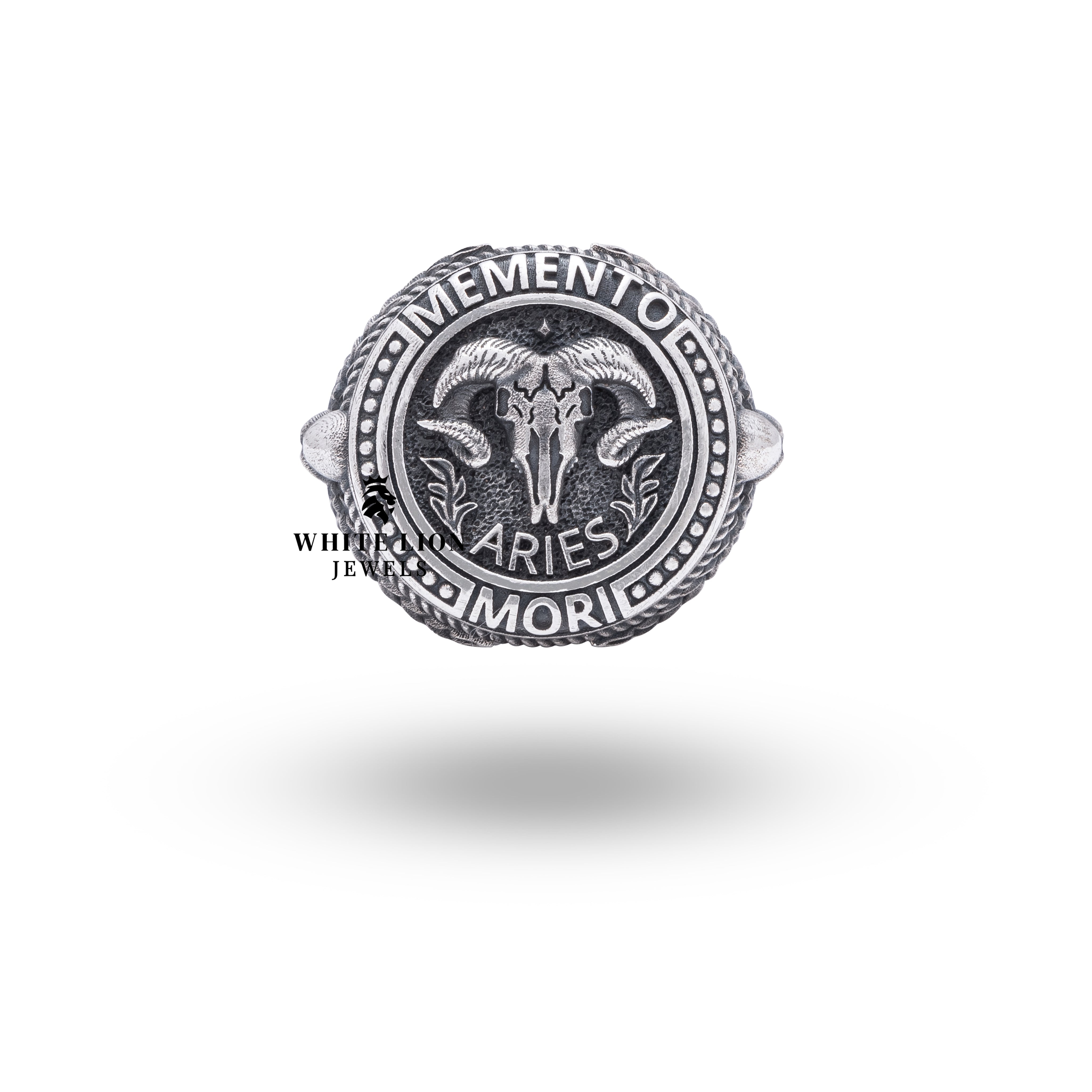 Angular view of Memento Mori Zodiac Aries 925 Sterling Silver Ring highlighting detailed craftsmanship and oxidized finish