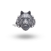 Front view of Angry Wolf Head 925 Sterling Silver Ring displaying the intricate wolf motif in oxidized silver.
