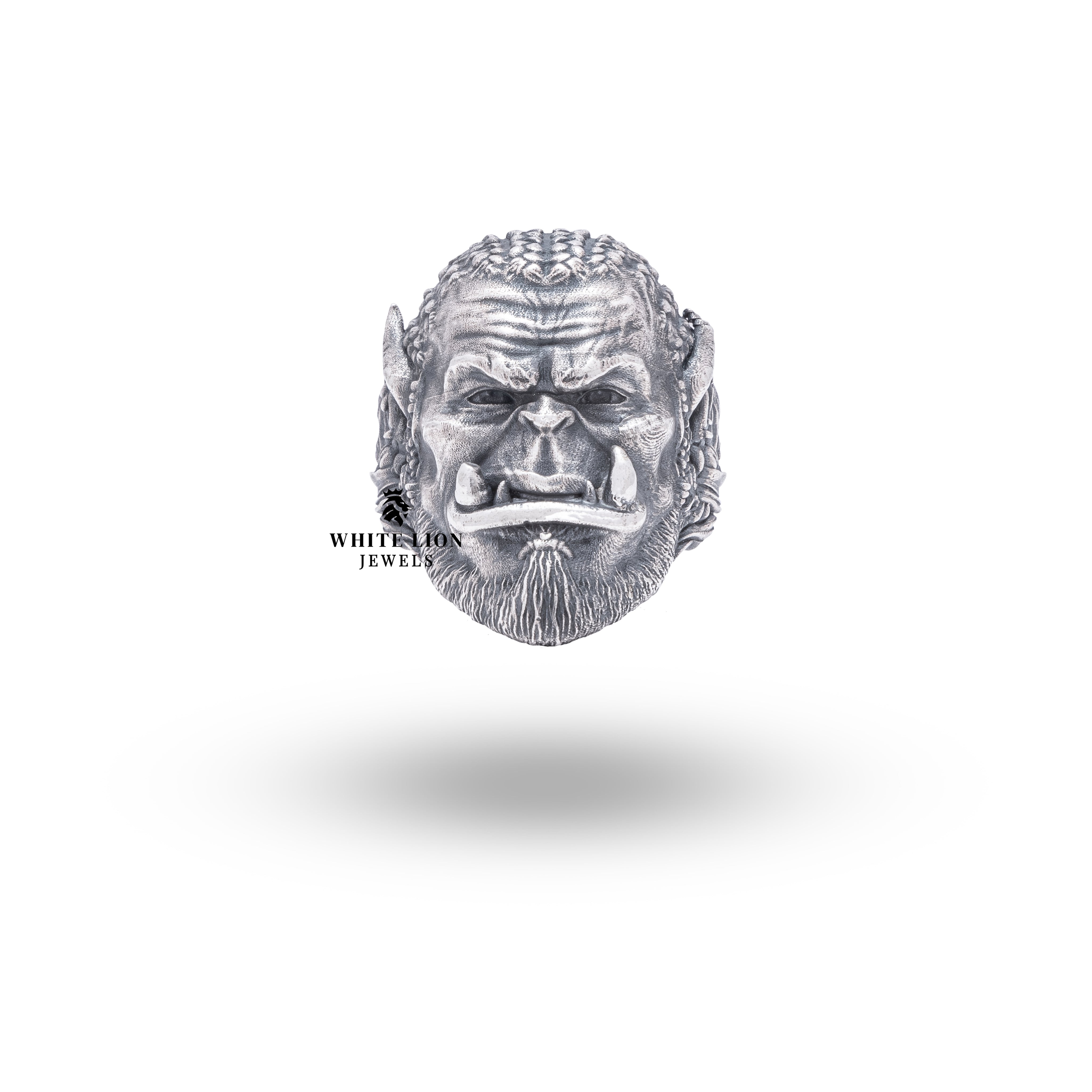 Side view of detailed design on Orc Warcraft Orgrim Doom Hammer Sterling Silver Ring
