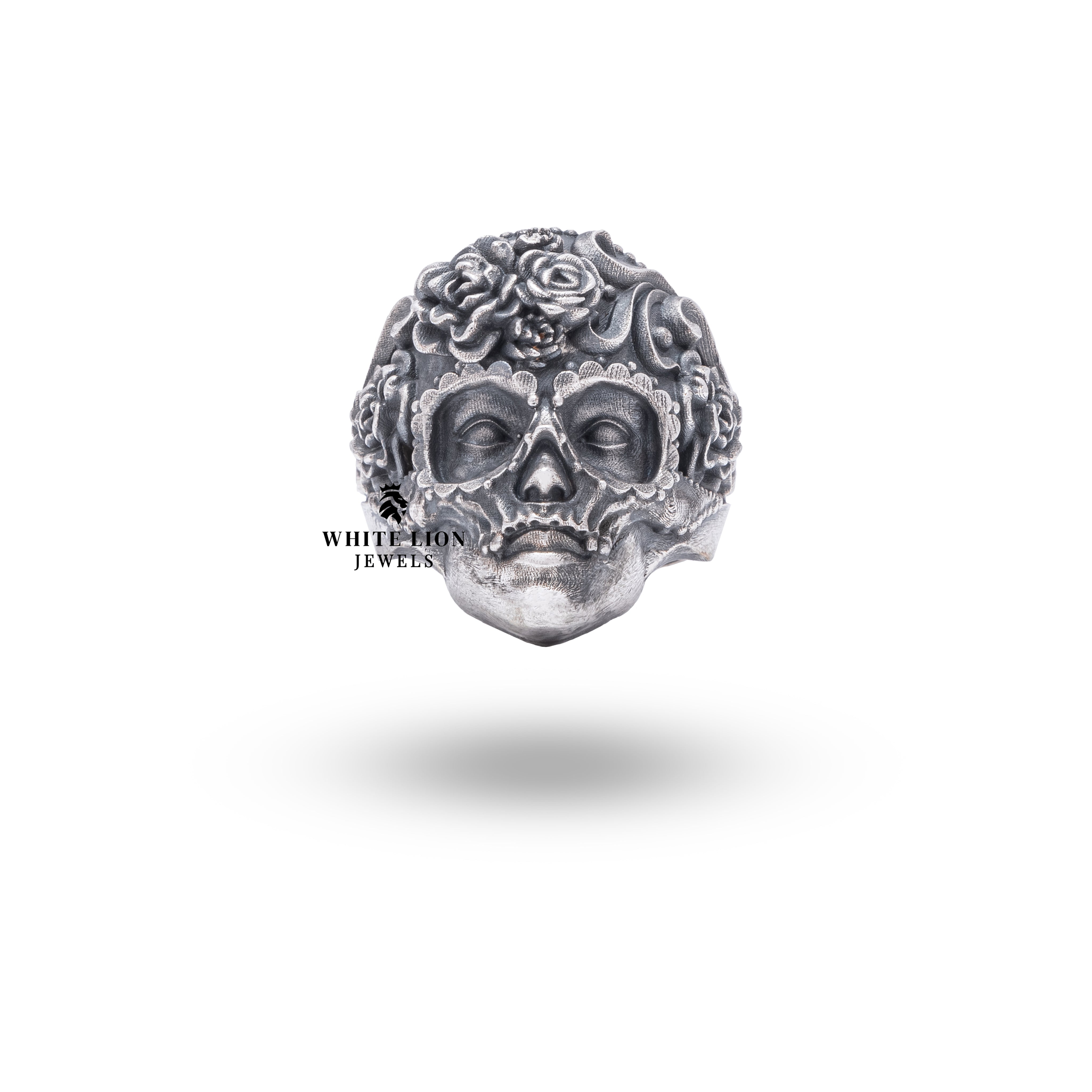 Side angle of intricately designed Skull Ring with masquerade mask motif in 925 sterling silver