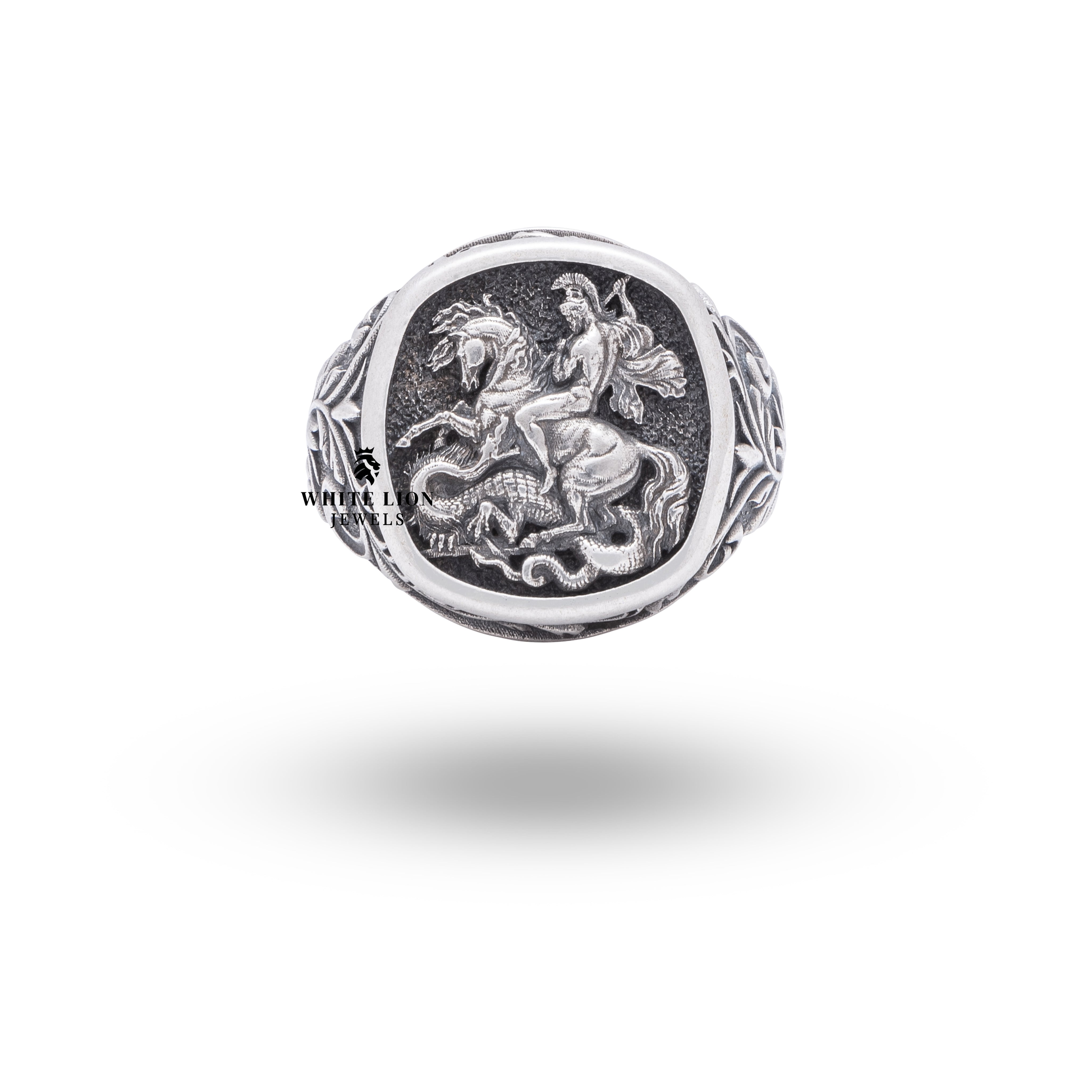 Side view of St George 925 Sterling Silver Ring highlighting its craftsmanship, detailed artisanship and quality.