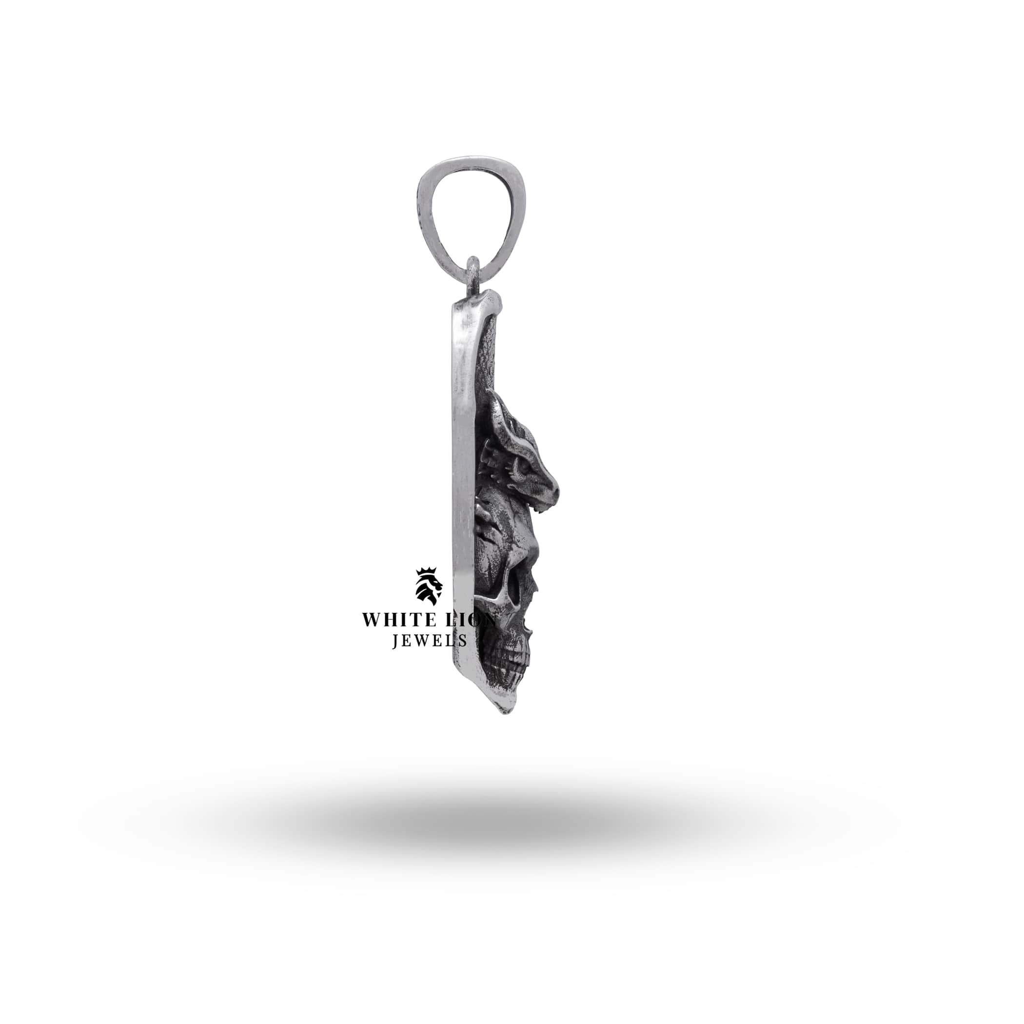 Back view of the 925 Sterling Silver dragon wings skull pendant