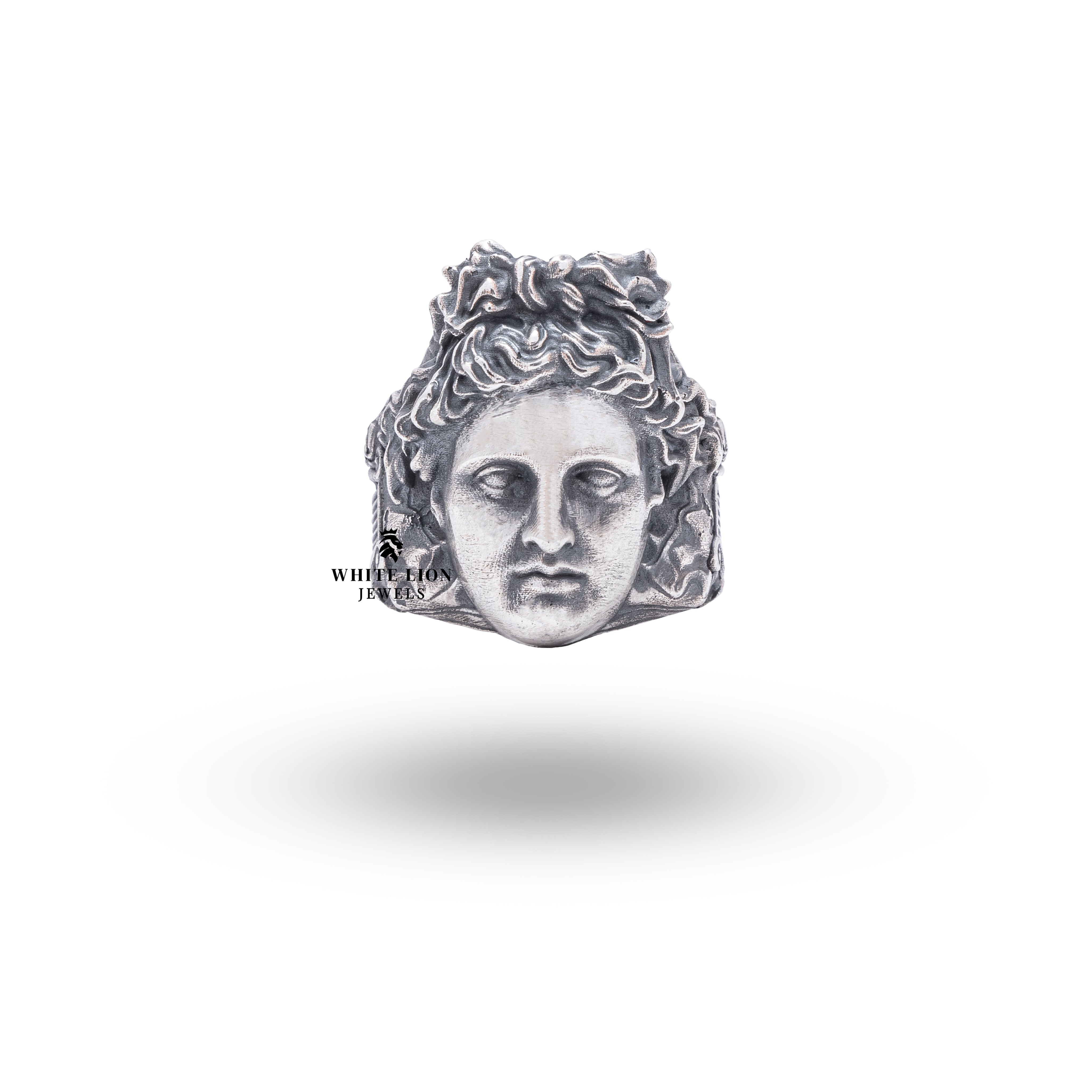 Detailed view of Greek God Apollo 925 ring with artful craftsmanship and luxury finish.