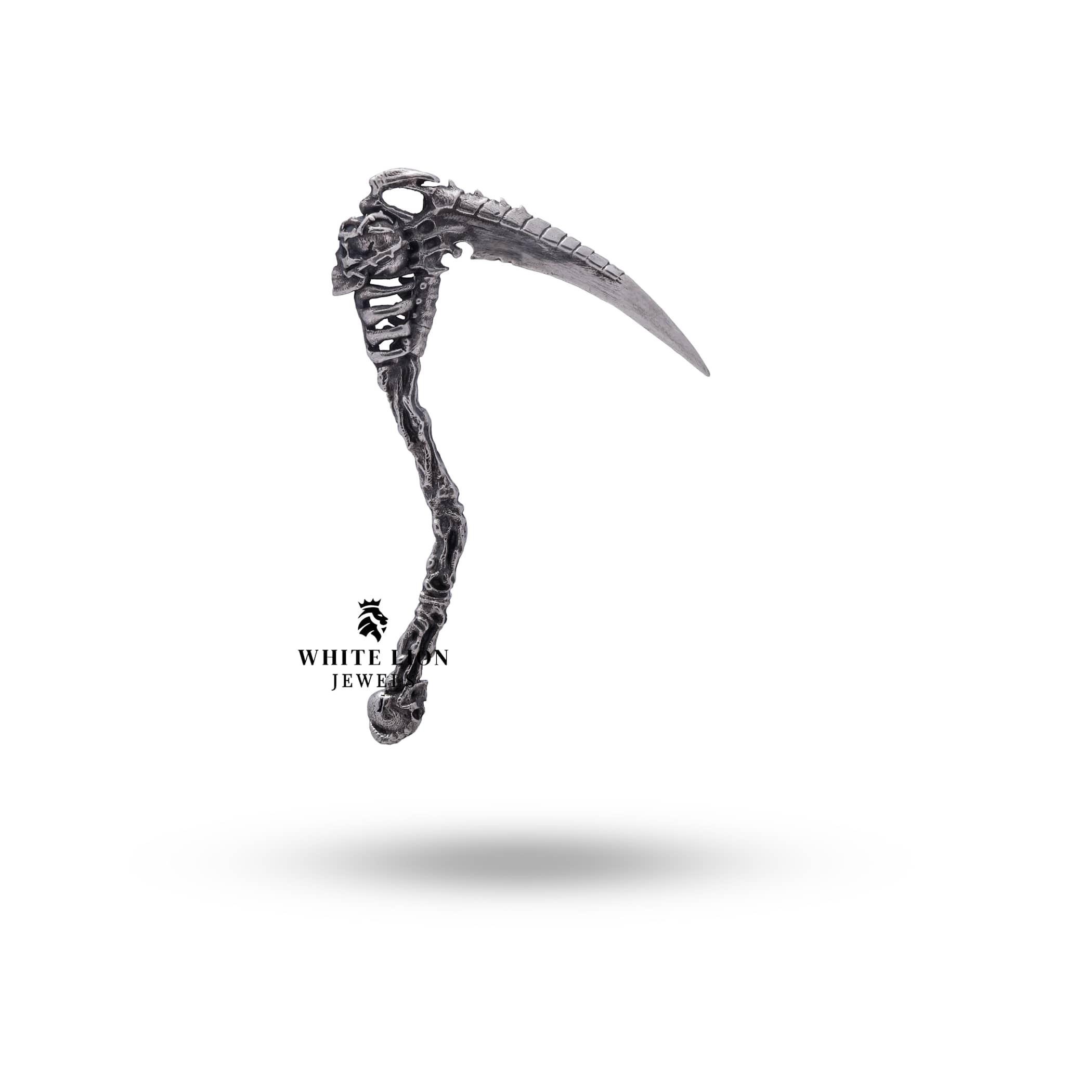 Close-up of Gothic Skull detail on Death Scythe Pendant for gothic fashion