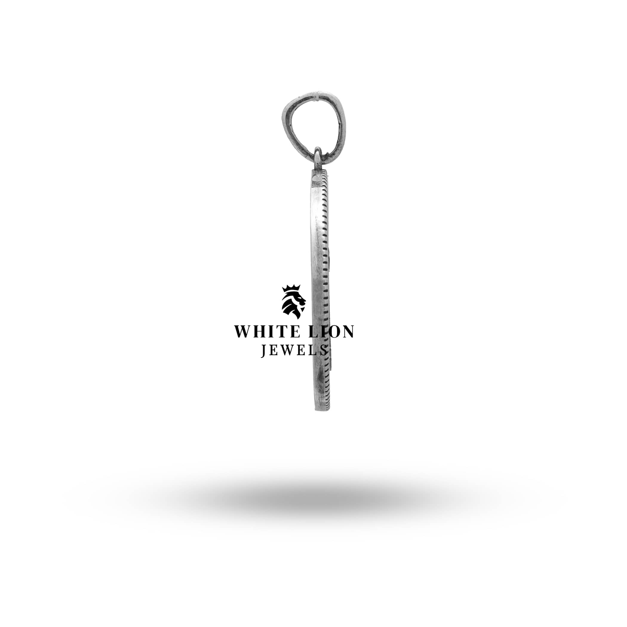 Model wearing Saint Benedict Catholic Medallion Pendant in 925 oxidized silver