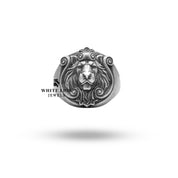 Side view of Antique Style African Lion 925 Sterling Silver Ring showing intricate lion motif in oxidized finish, luxury craftsmanship