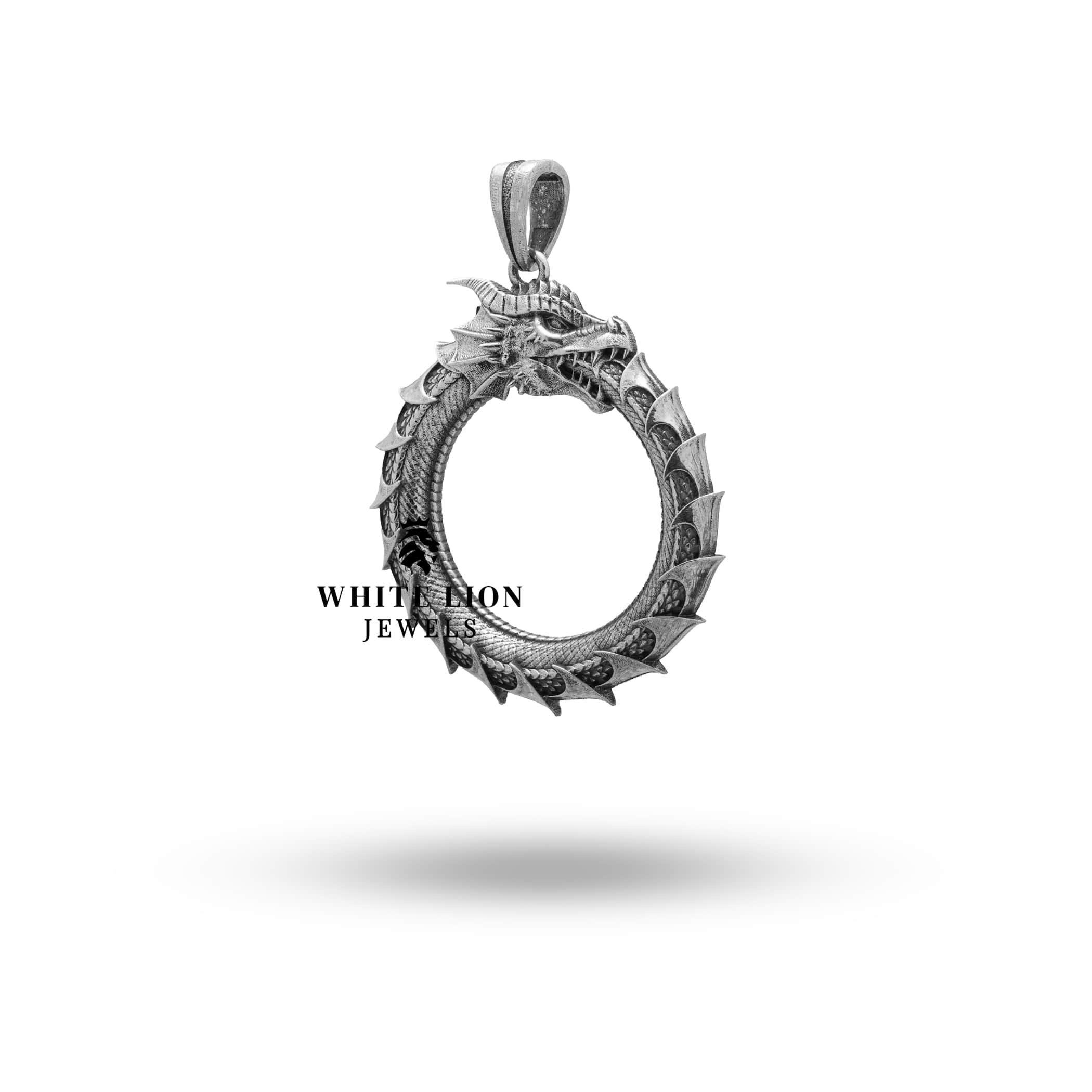 Handcrafted Ouroboros Pendant featuring dragon motif in 925 Sterling Silver, oxidized antique look, perfect fantasy accessory.