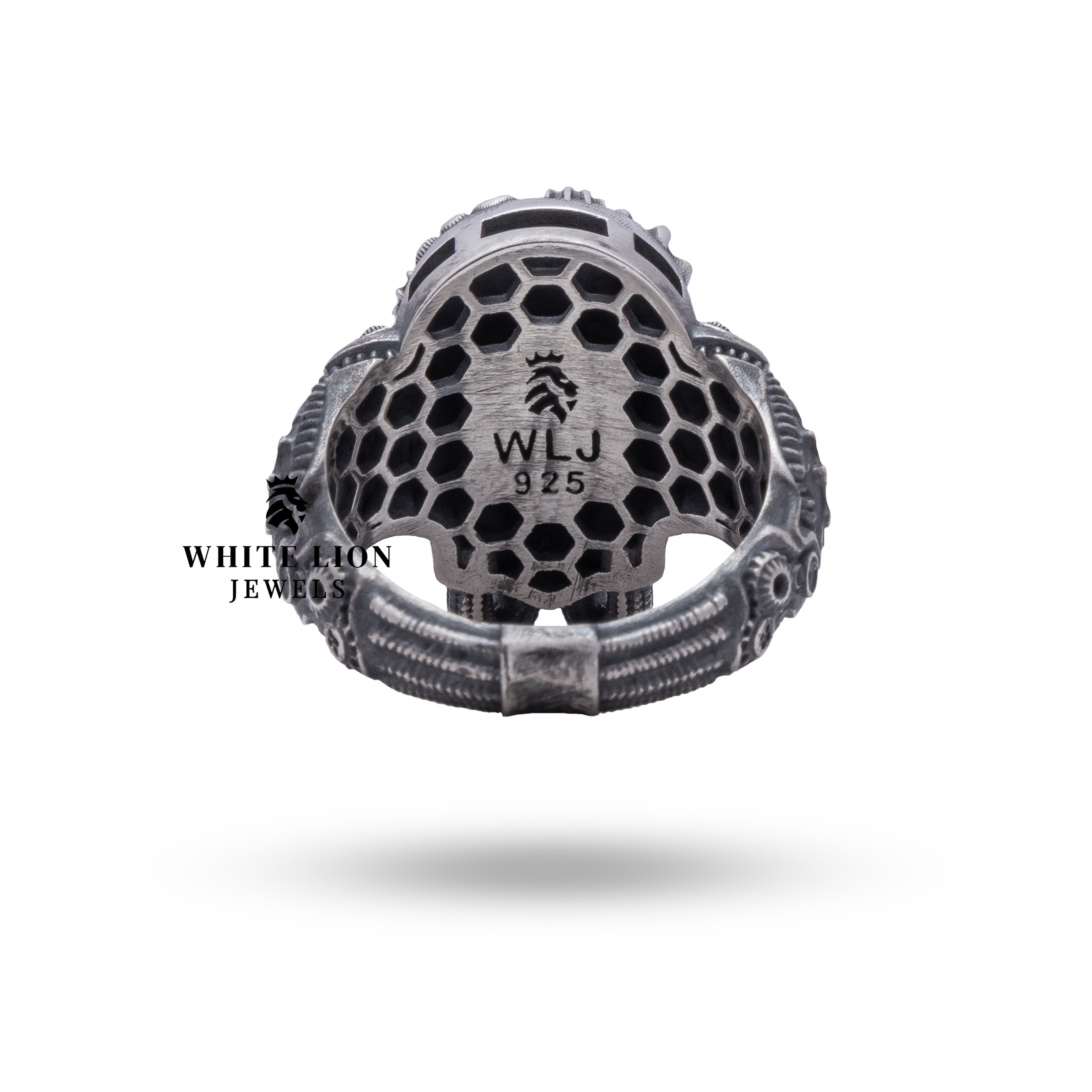 Oxidized Silver Gothic Skull Ring by White Lion Jewels showcasing detailed craftsmanship