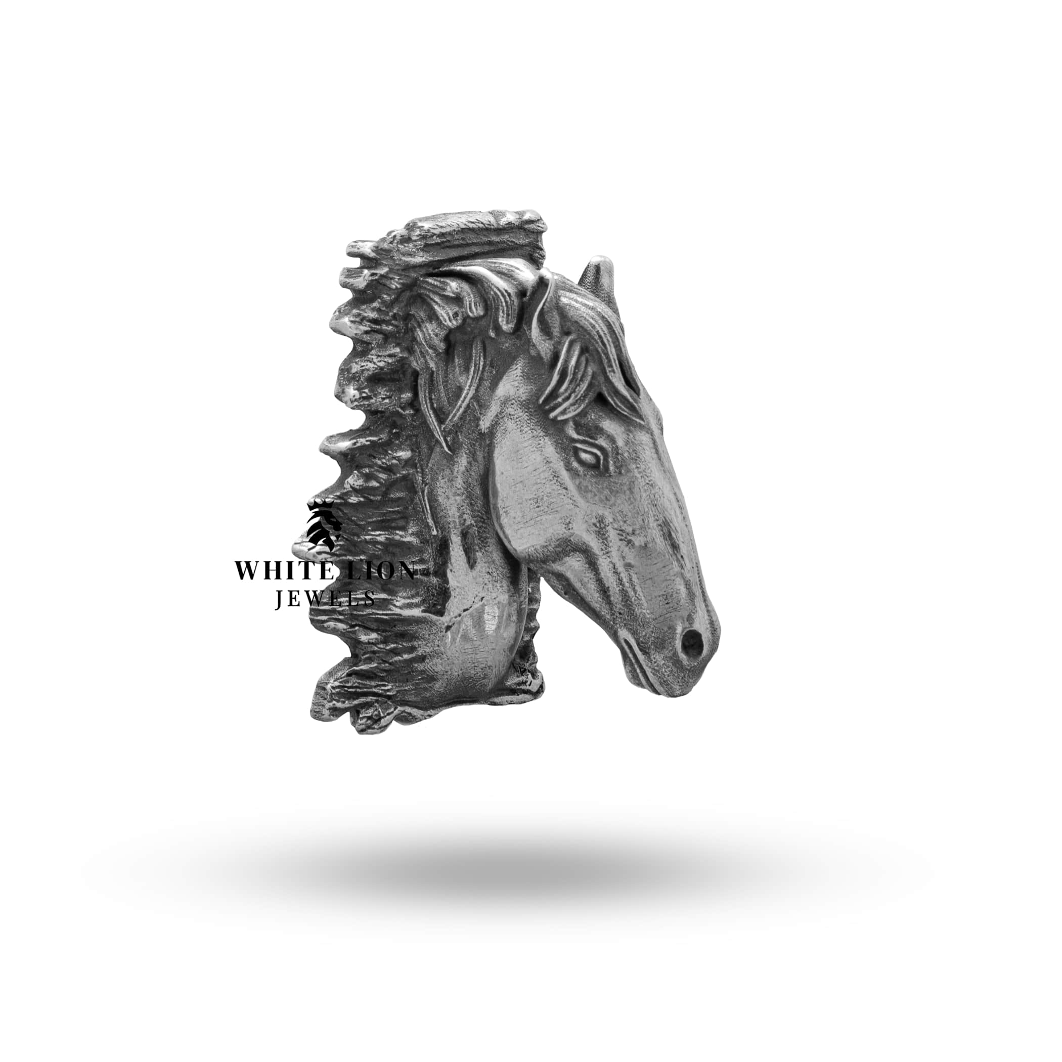 Side view depicting the depth and oxidized finish of the Horse Polo Jokey Race Brooch