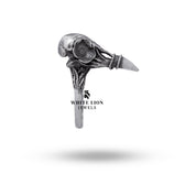 Close-up of the Bird Gothic Skull with flower motif displaying gothic artistry in 925 Sterling Oxidized Silver.